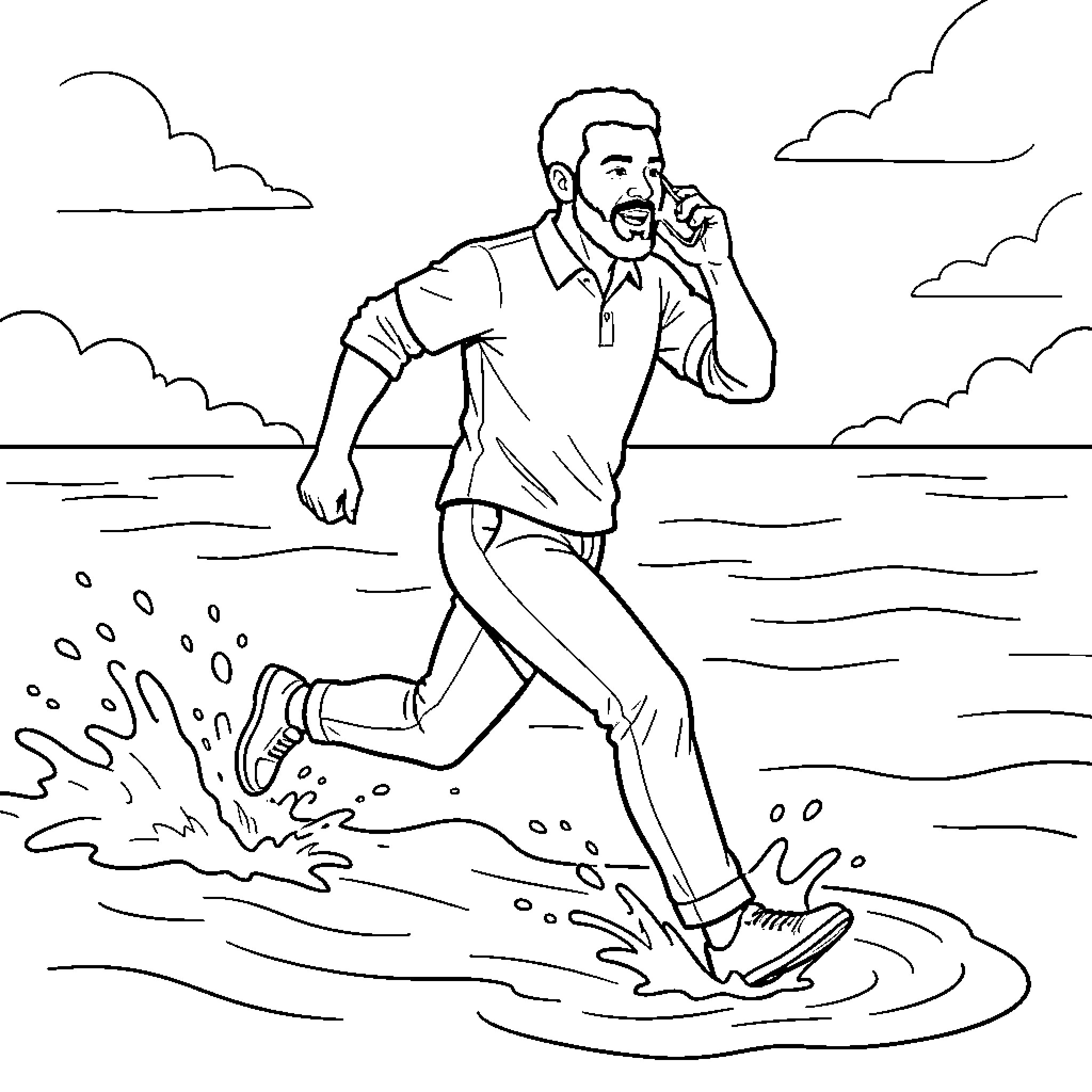 Dominican man talking on phone while running through water Coloring Page (free black-and-white line drawing printable PDF for all, from beginners to advanced learners, including children, teens, adults, and seniors)