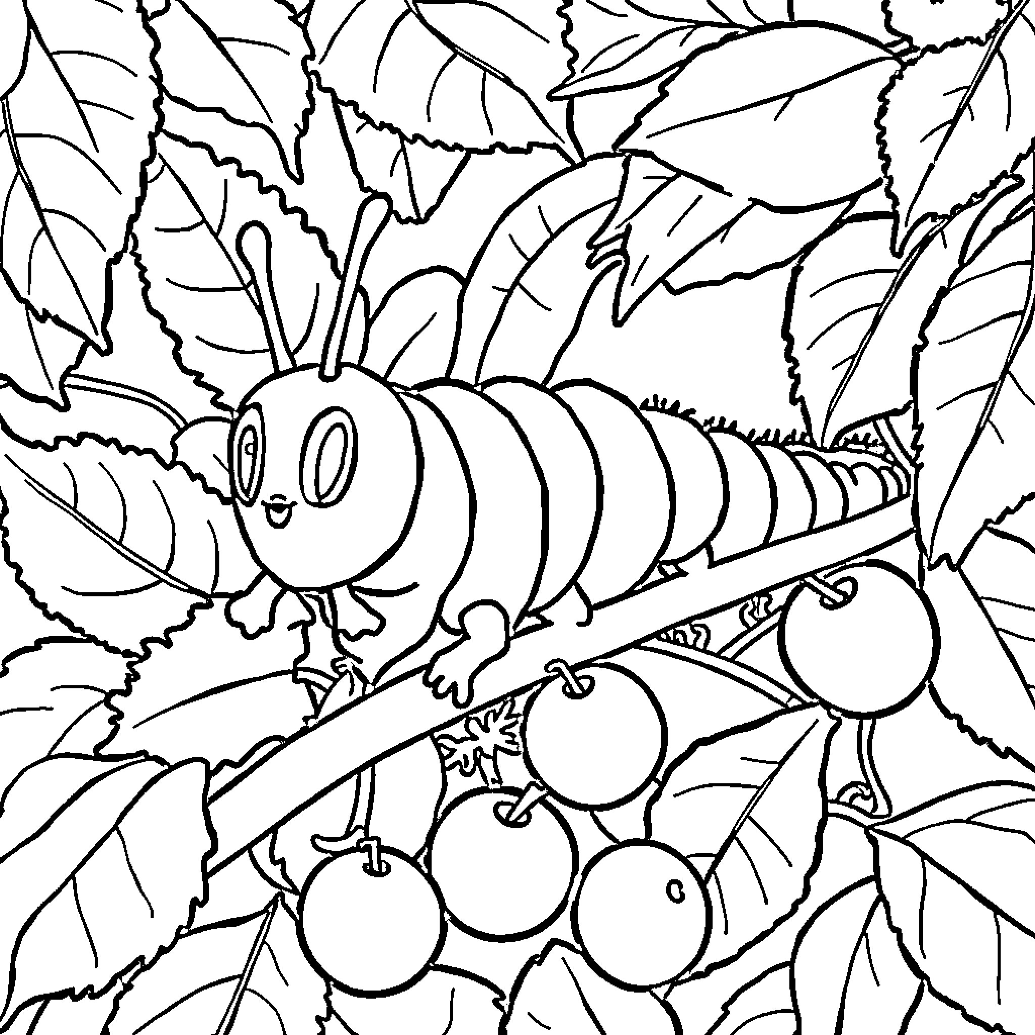 Caterpillar exploring a leafy garden Coloring Page (free black-and-white line drawing printable PDF for all, from beginners to advanced learners, including children, teens, adults, and seniors)