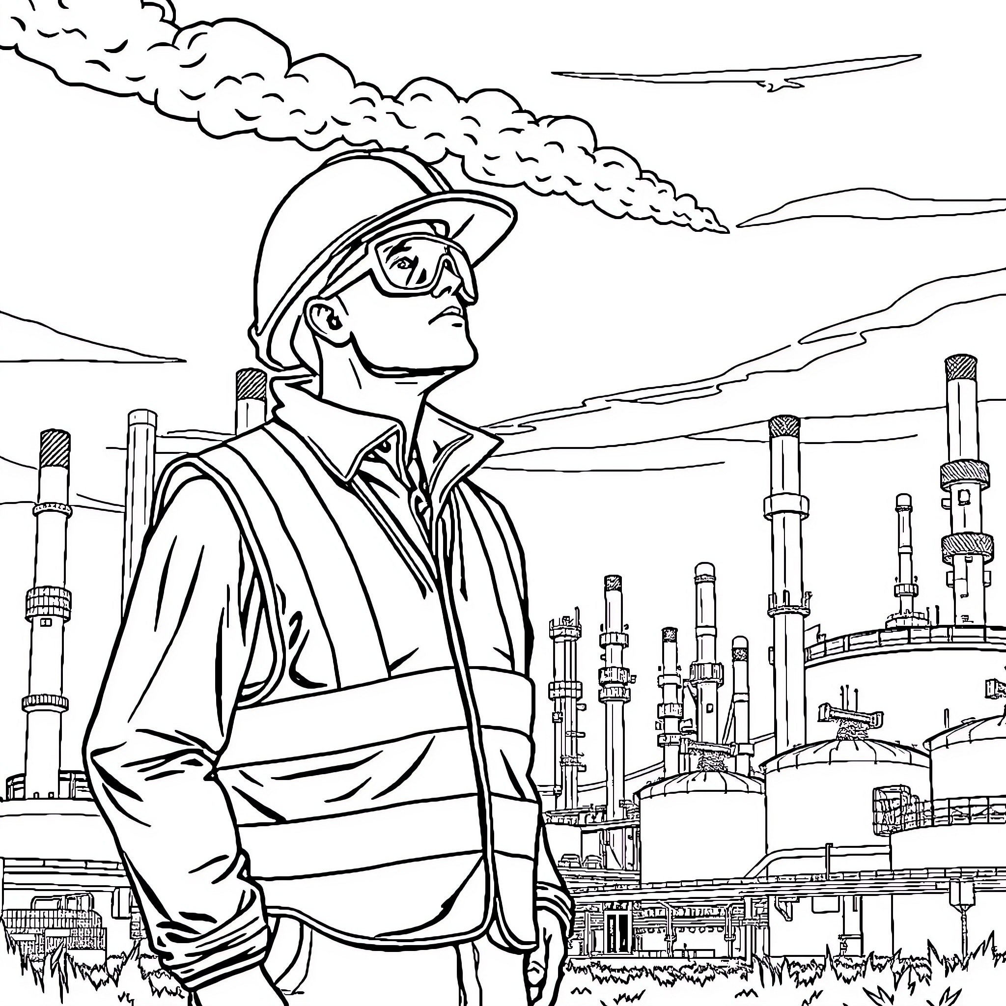 Inspector observing industrial scene with factory smoke Coloring Page (free black-and-white line drawing printable PDF for all, from beginners to advanced learners, including children, teens, adults, and seniors)