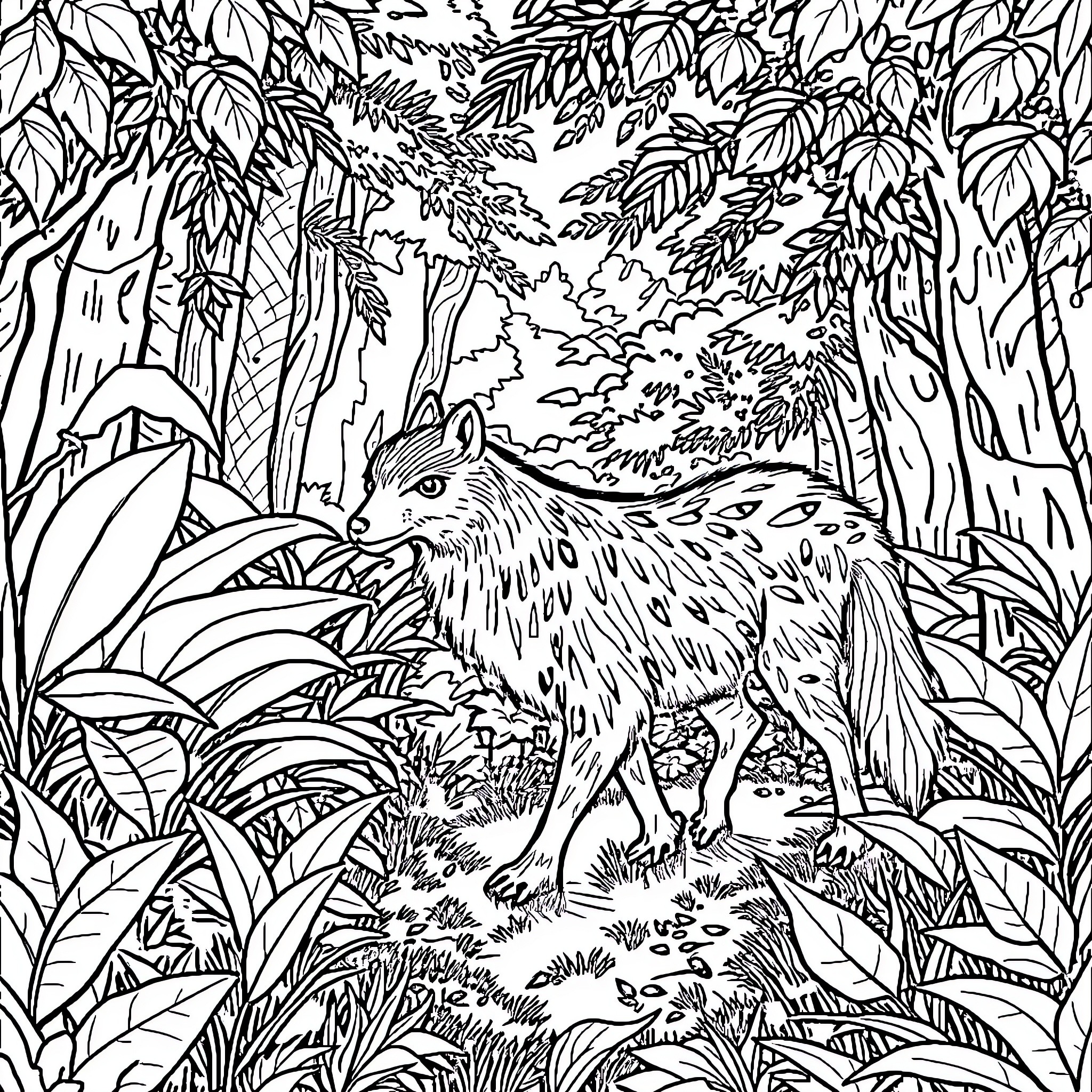 Cagou exploring the lush jungle foliage Coloring Page (free black-and-white line drawing printable PDF for all, from beginners to advanced learners, including children, teens, adults, and seniors)