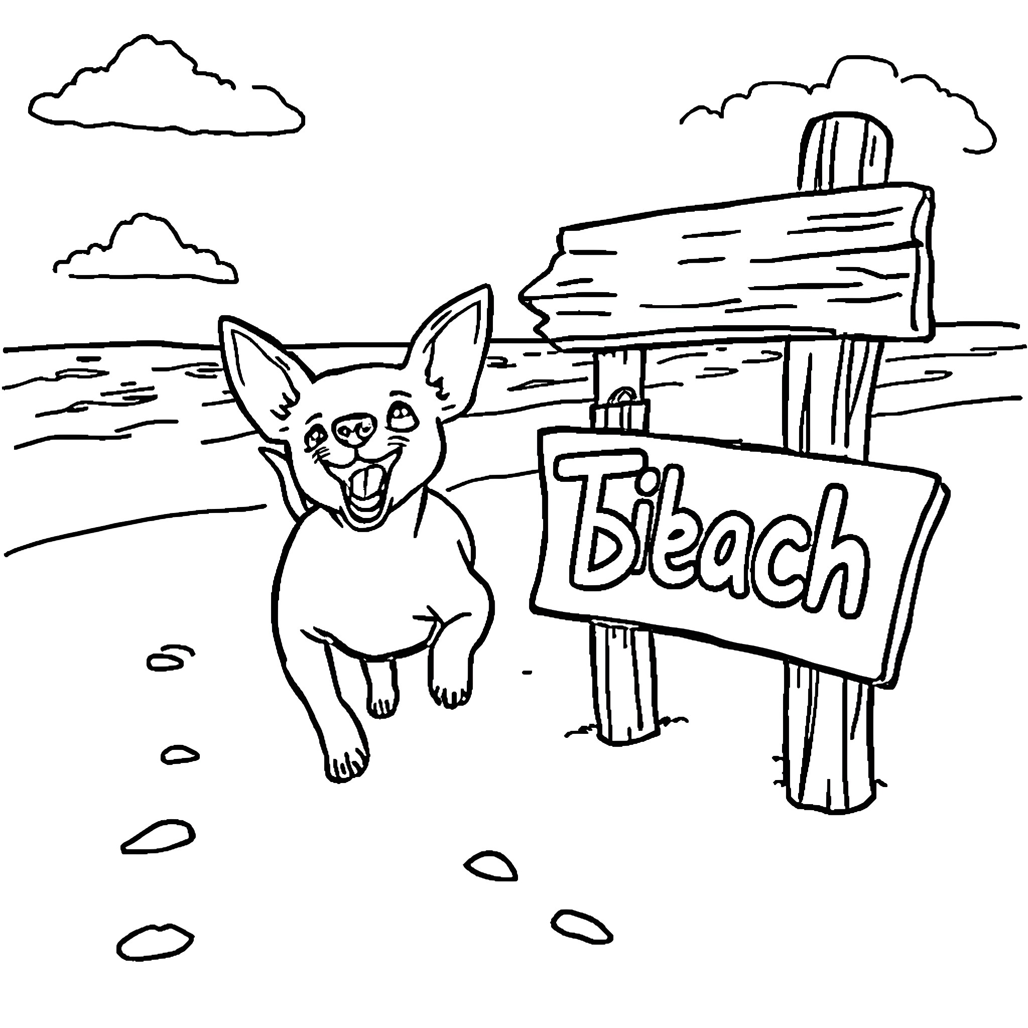 Chihuahua playing happily at the beach Coloring Page (free black-and-white line drawing printable PDF for all, from beginners to advanced learners, including children, teens, adults, and seniors)