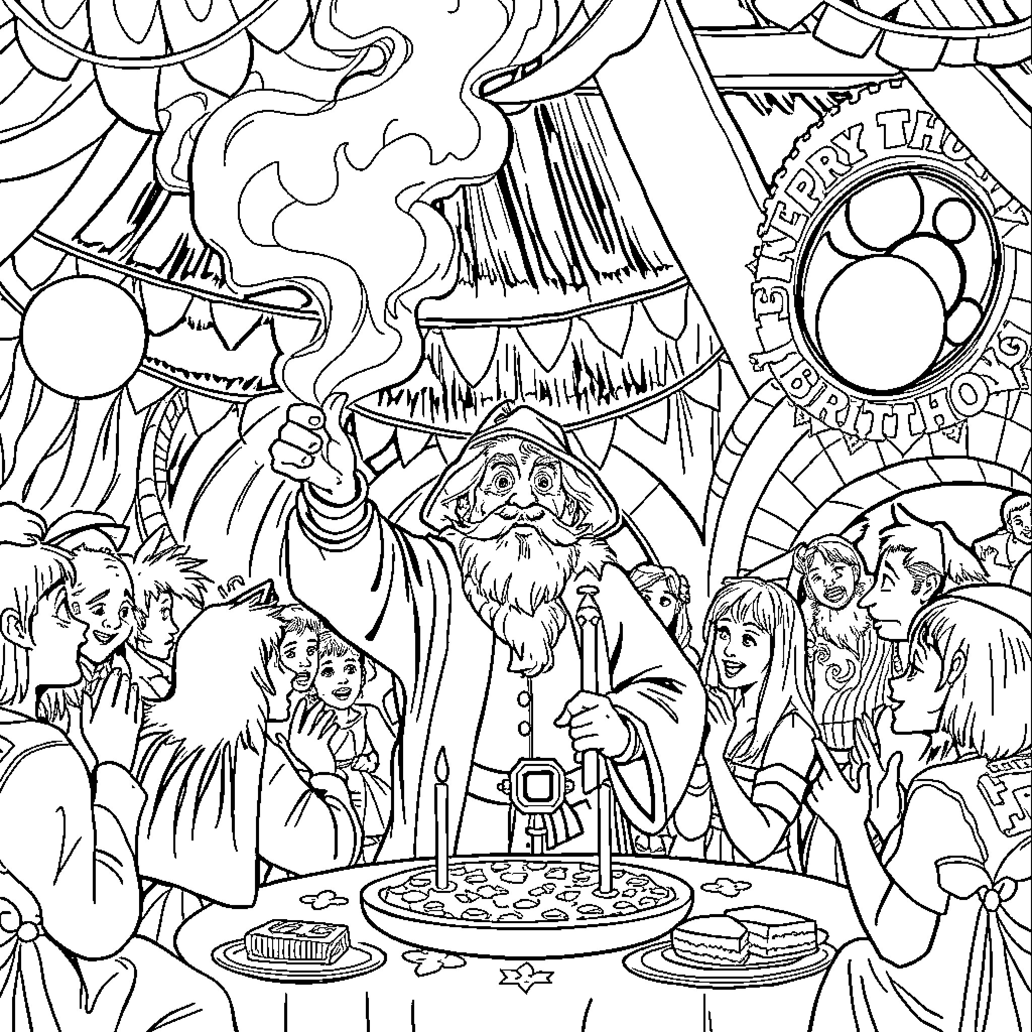 Bilbo Baggins' Merry and Festive Adventure Coloring Page (free black-and-white line drawing printable PDF for all, from beginners to advanced learners, including children, teens, adults, and seniors)