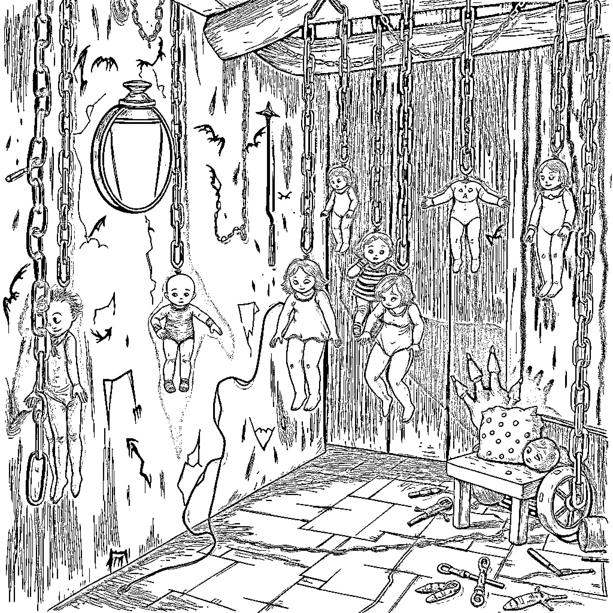 Doll Figures in an Abandoned Room Coloring Page (free black-and-white line drawing printable PDF for all, from beginners to advanced learners, including children, teens, adults, and seniors)