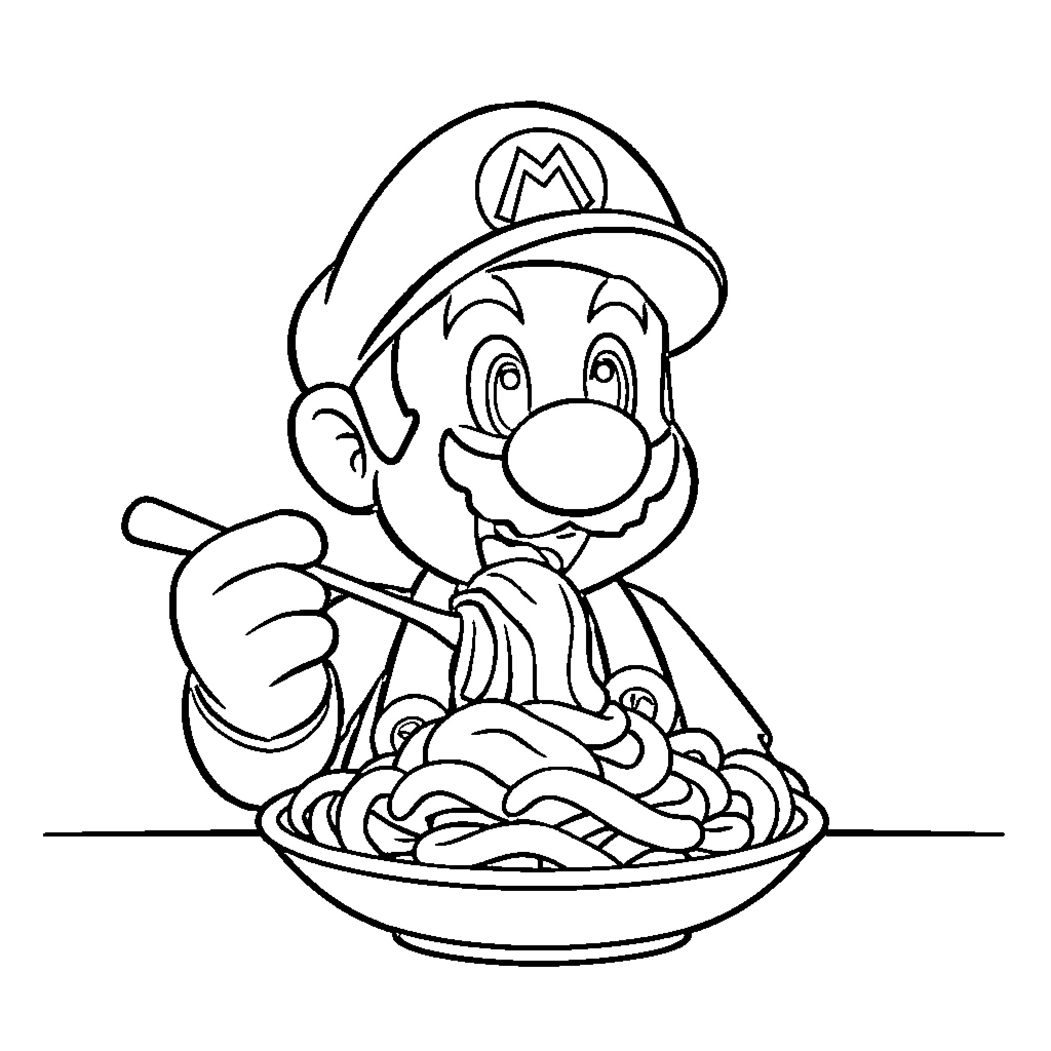 Mario Enjoying a Hearty Meal Coloring Page (free black-and-white line drawing printable PDF for all, from beginners to advanced learners, including children, teens, adults, and seniors)