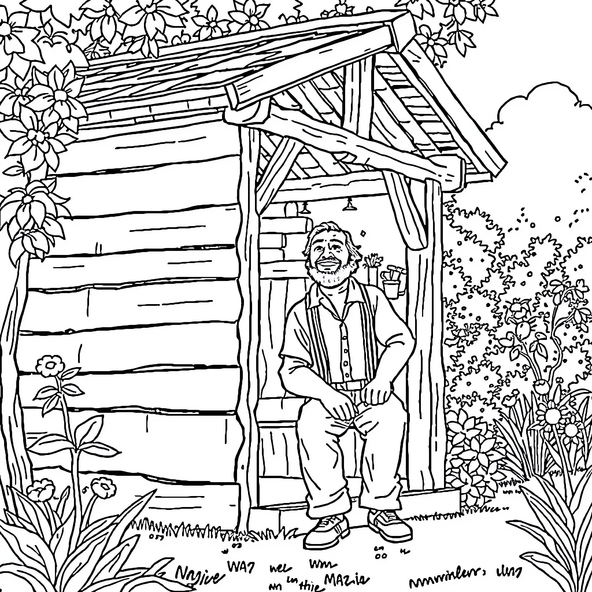 Daron enjoying a peaceful day in his garden Coloring Page (free black-and-white line drawing printable PDF for all, from beginners to advanced learners, including children, teens, adults, and seniors)