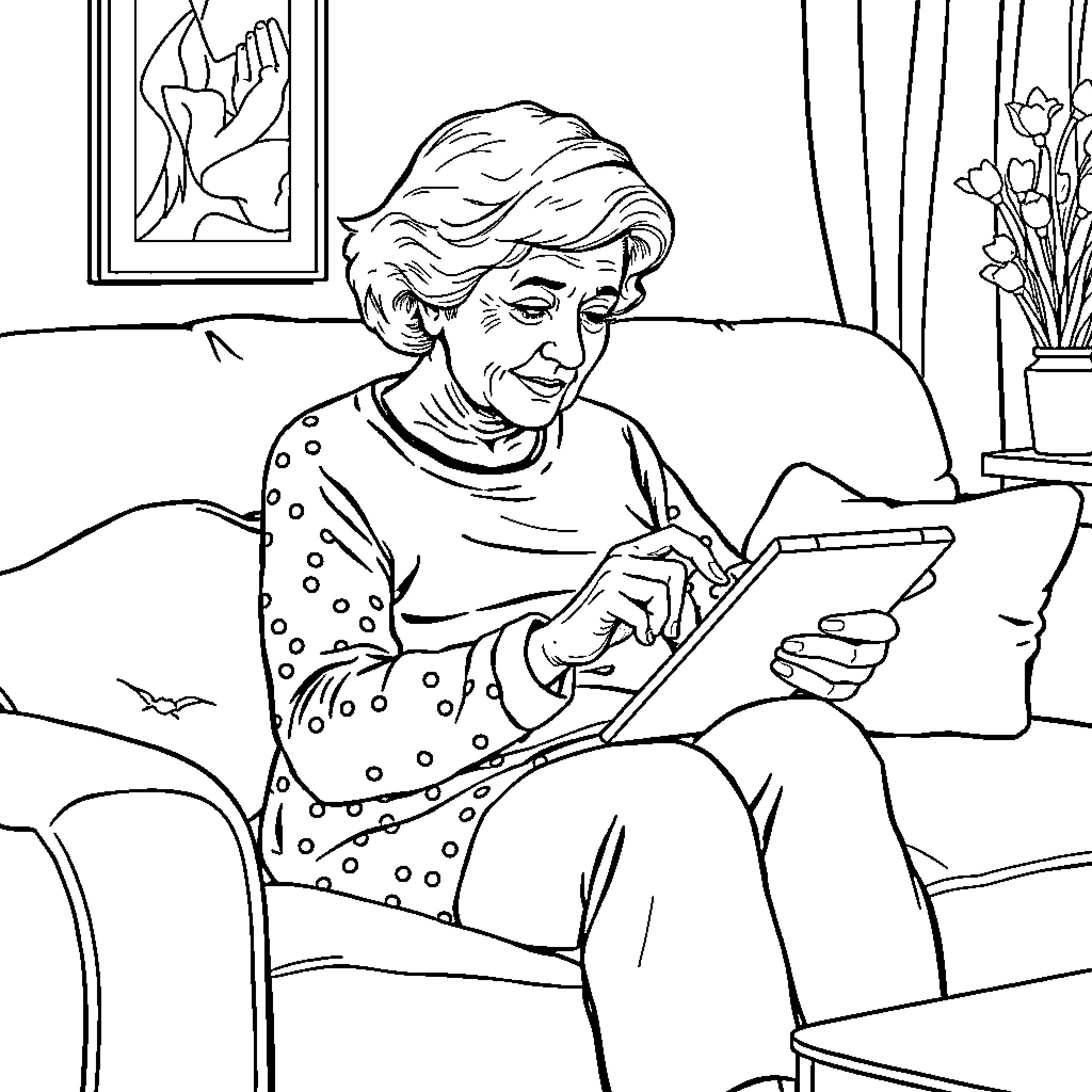 Lady Reading Intently in Her Living Room Coloring Page (free black-and-white line drawing printable PDF for all, from beginners to advanced learners, including children, teens, adults, and seniors)