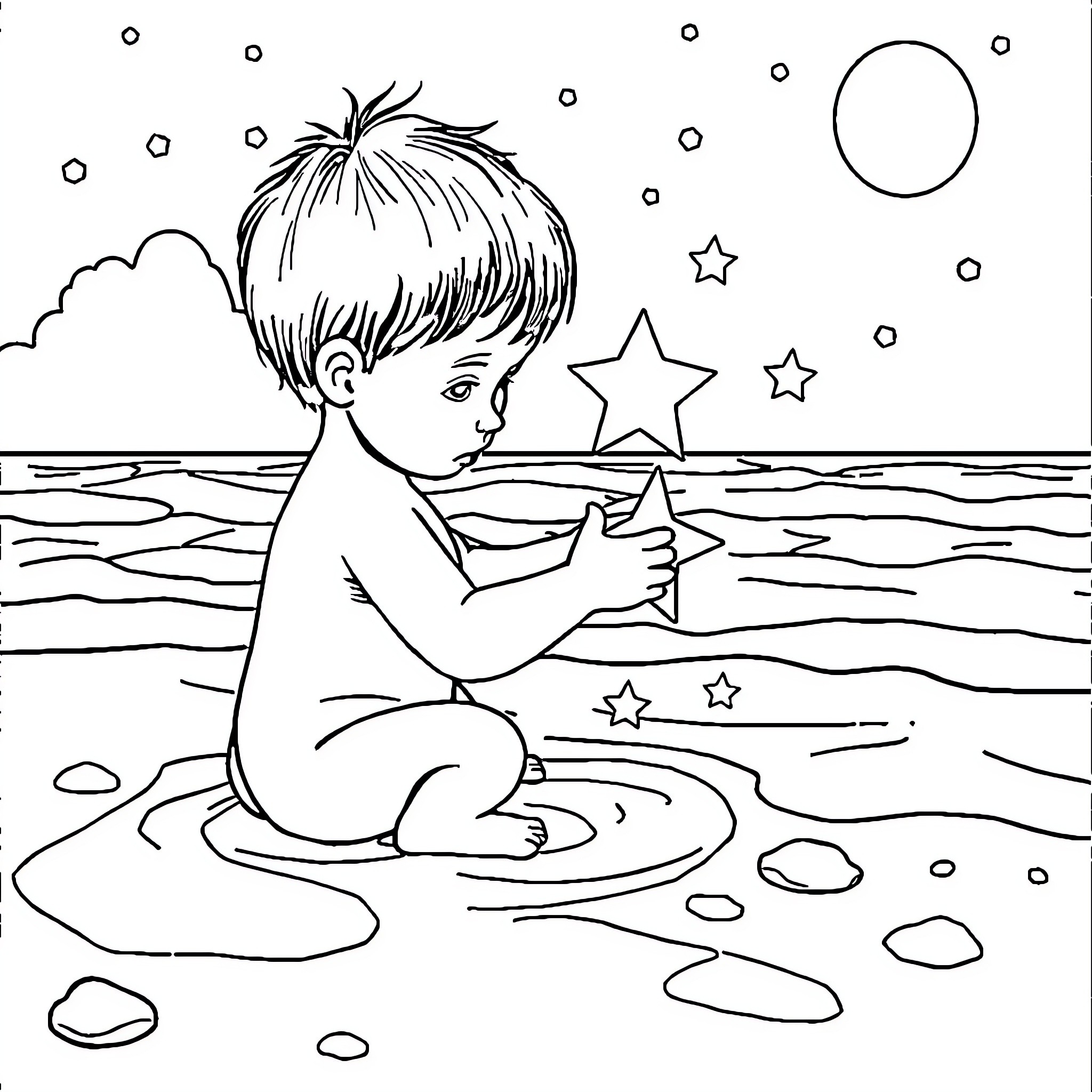 Niño observing the night sky and stars Coloring Page (free black-and-white line drawing printable PDF for all, from beginners to advanced learners, including children, teens, adults, and seniors)