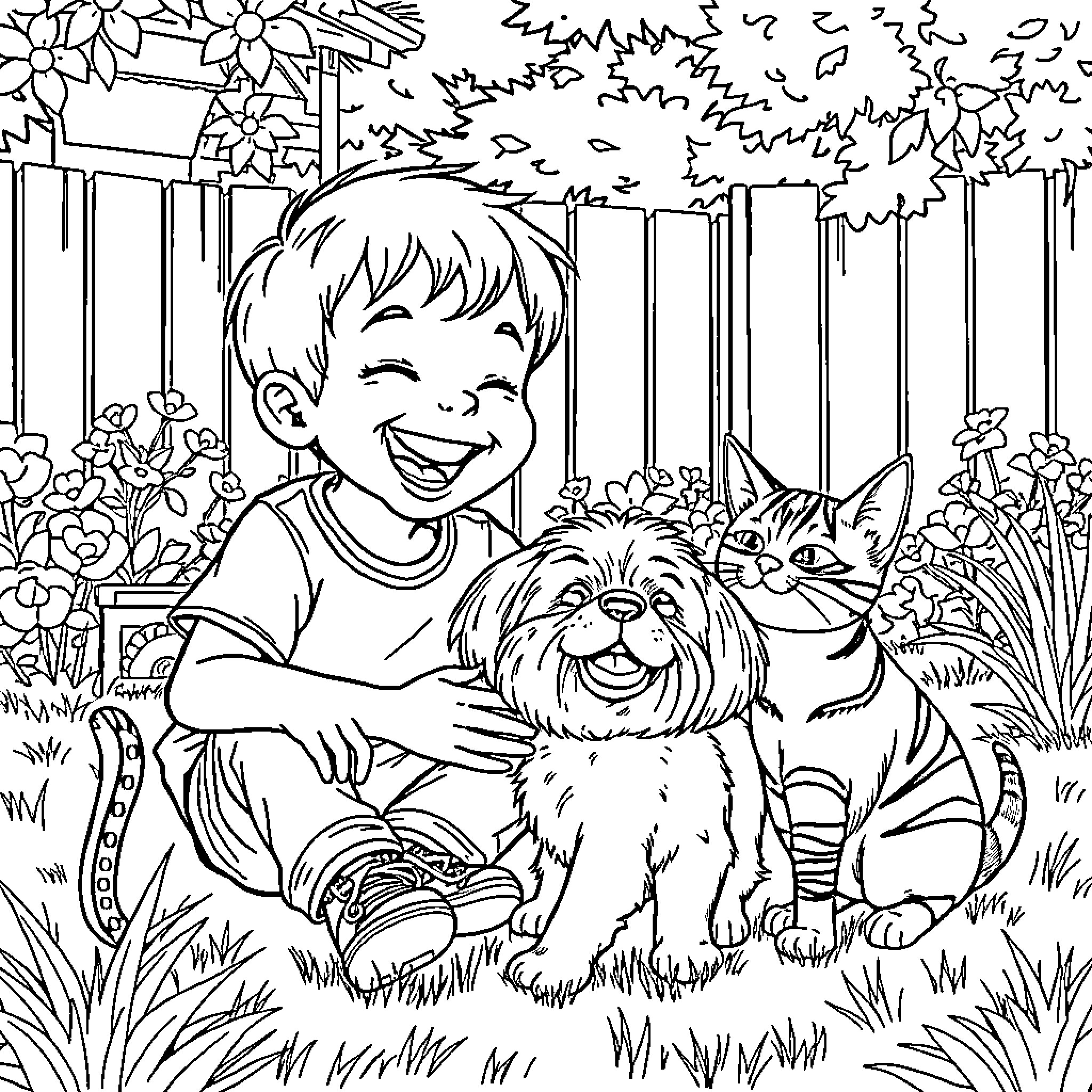 Kid playing with pets in the garden Coloring Page (free black-and-white line drawing printable PDF for all, from beginners to advanced learners, including children, teens, adults, and seniors)