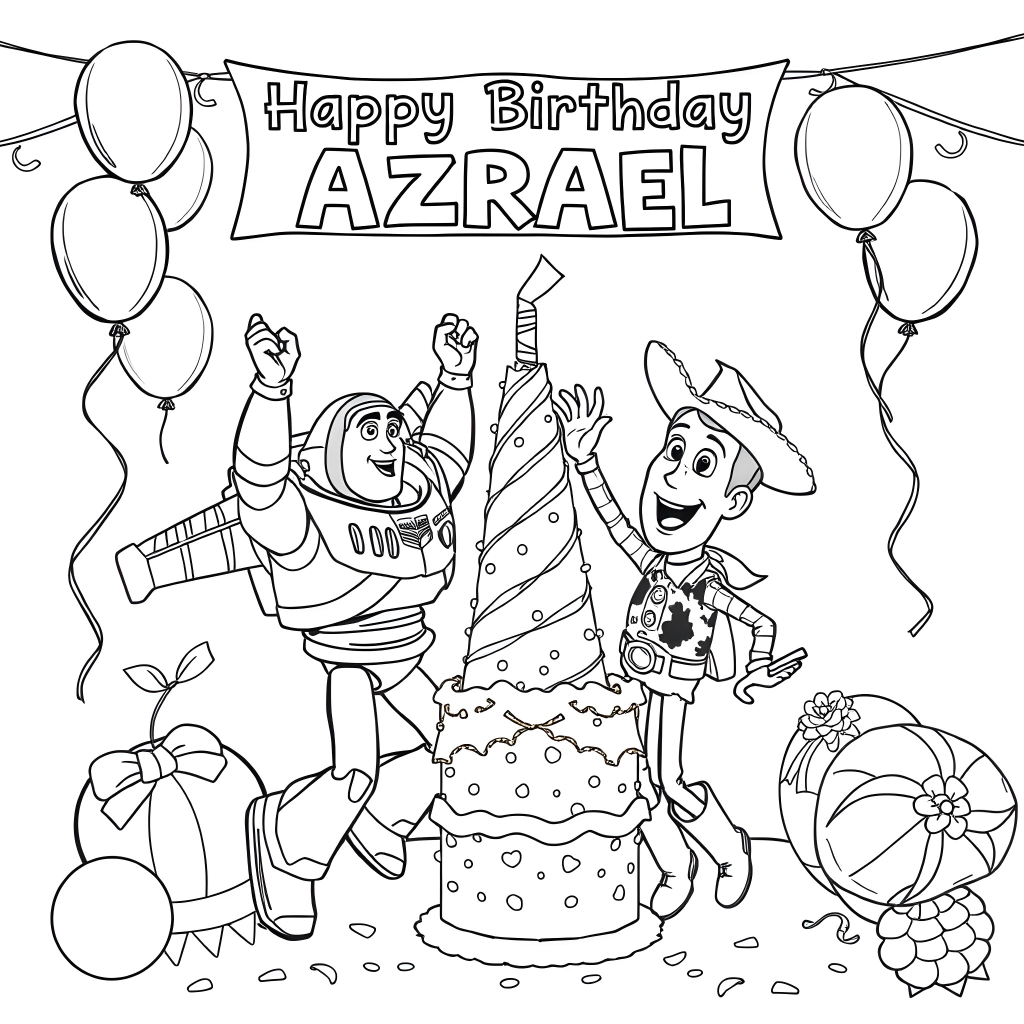 Buzz and Woody celebrate a birthday party Coloring Page (free black-and-white line drawing printable PDF for all, from beginners to advanced learners, including children, teens, adults, and seniors)