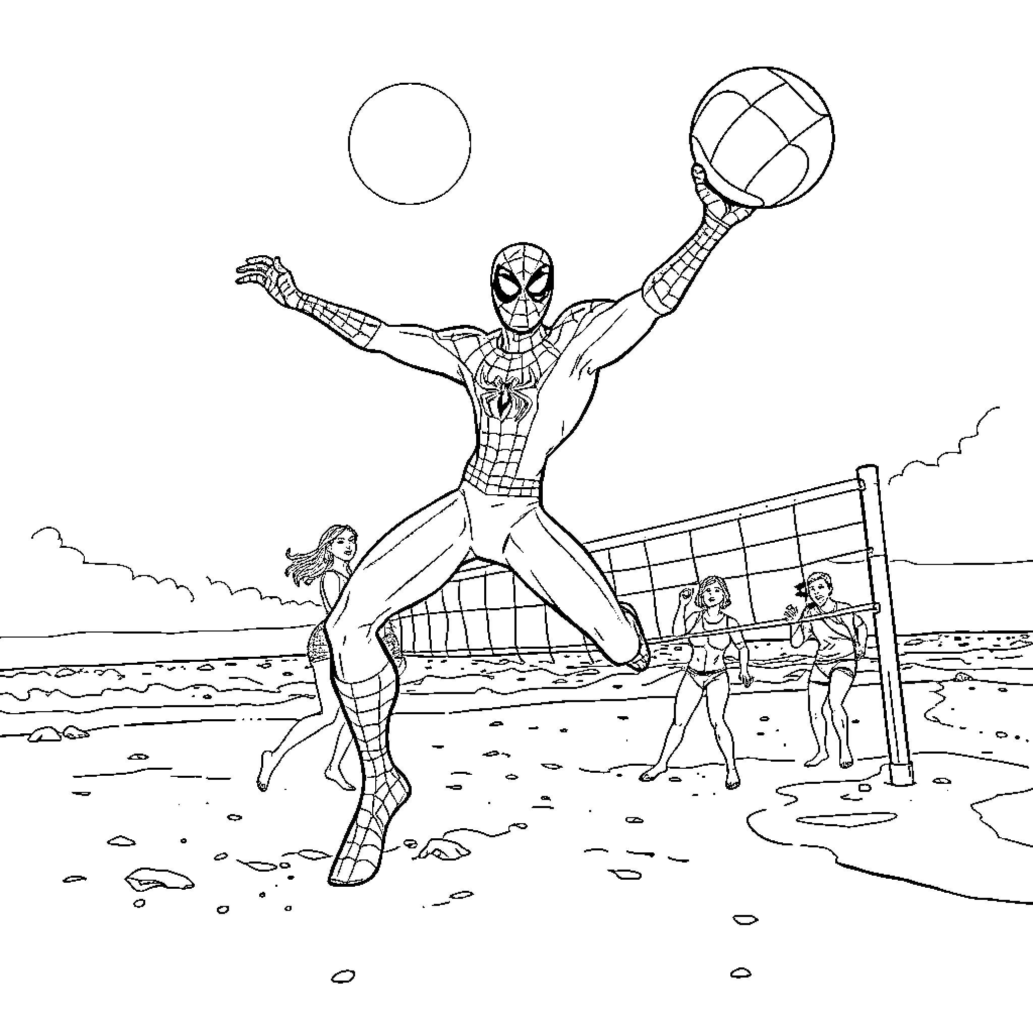 Spiderman playing volleyball with kids on the beach Coloring Page (free black-and-white line drawing printable PDF for all, from beginners to advanced learners, including children, teens, adults, and seniors)