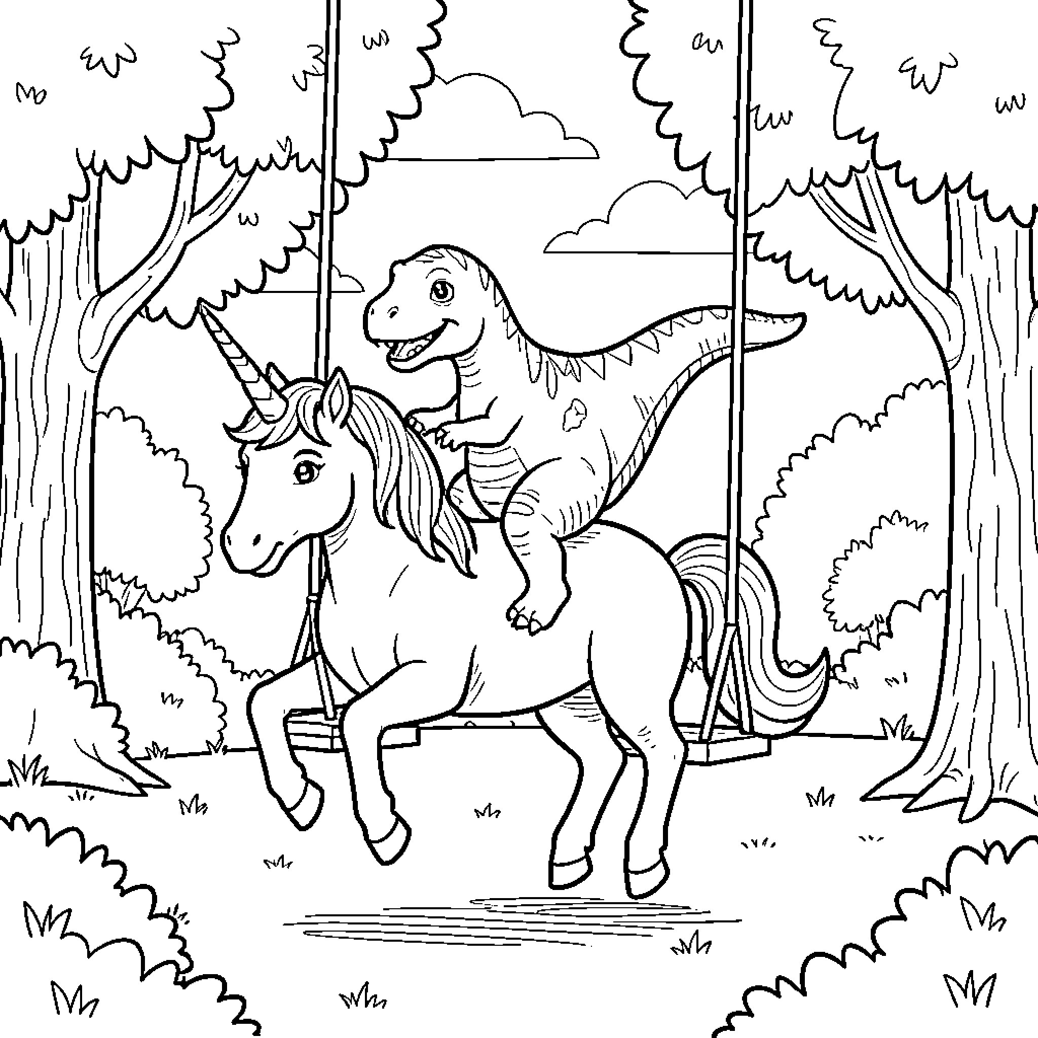 Unicorn and cheerful dinosaur sharing a swing in the forest Coloring Page (free black-and-white line drawing printable PDF for all, from beginners to advanced learners, including children, teens, adults, and seniors)