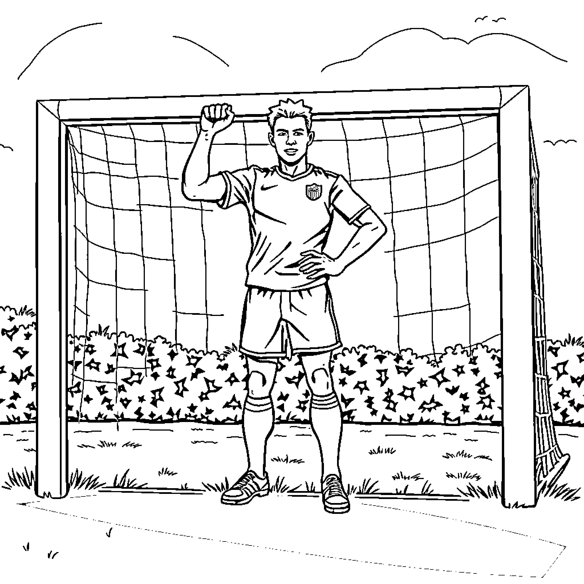 Football Player Celebrating Victory on the Field Coloring Page (free black-and-white line drawing printable PDF for all, from beginners to advanced learners, including children, teens, adults, and seniors)
