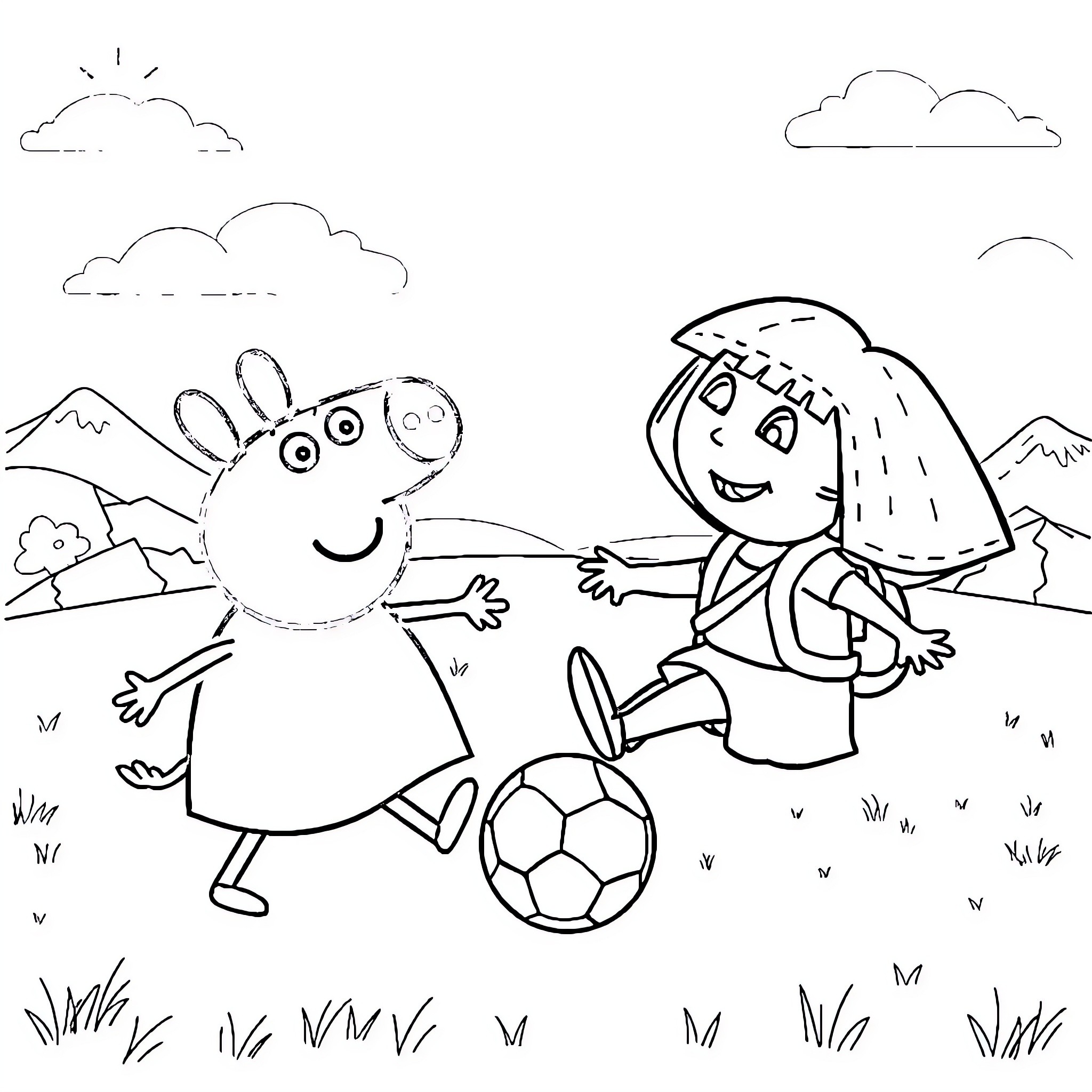 Peppa Pig playing soccer with her friend Coloring Page (free black-and-white line drawing printable PDF for all, from beginners to advanced learners, including children, teens, adults, and seniors)