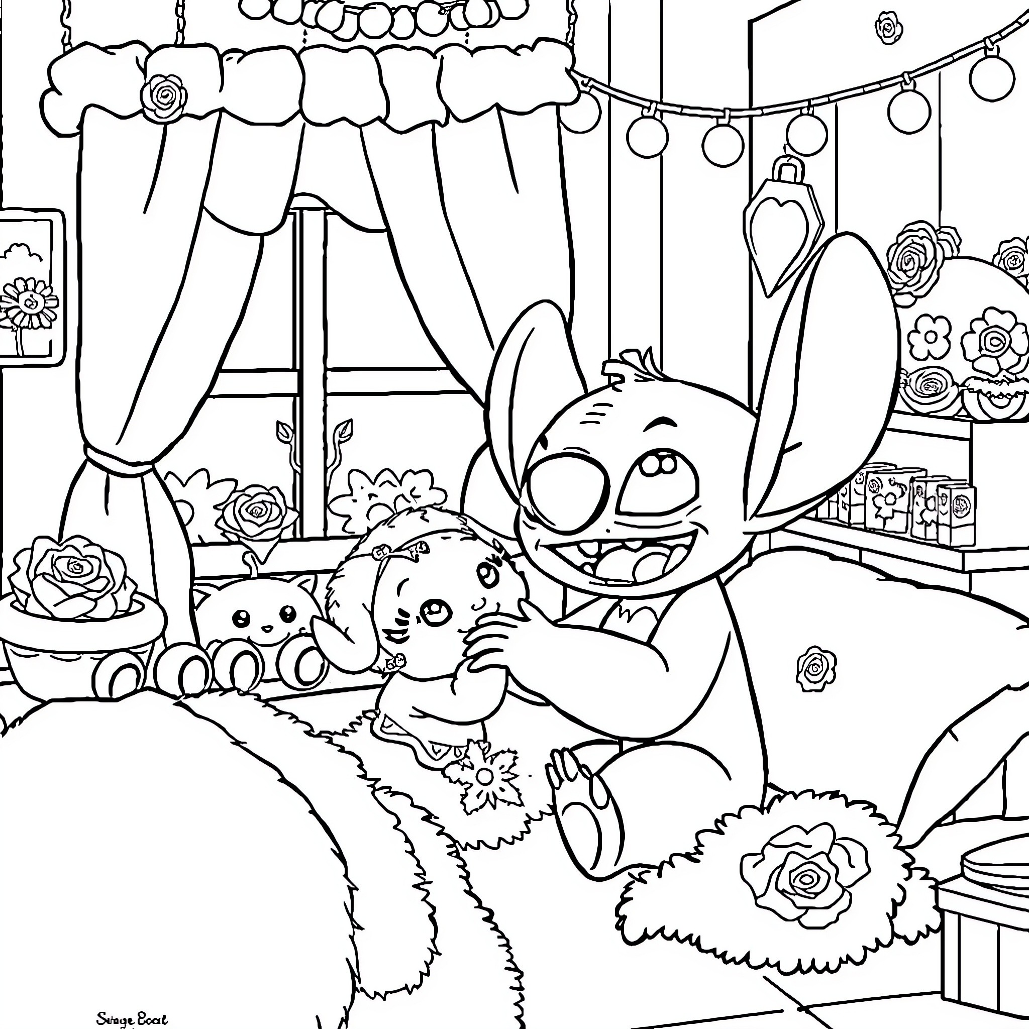 Stitch's Playful Gathering Coloring Page (free black-and-white line drawing printable PDF for all, from beginners to advanced learners, including children, teens, adults, and seniors)