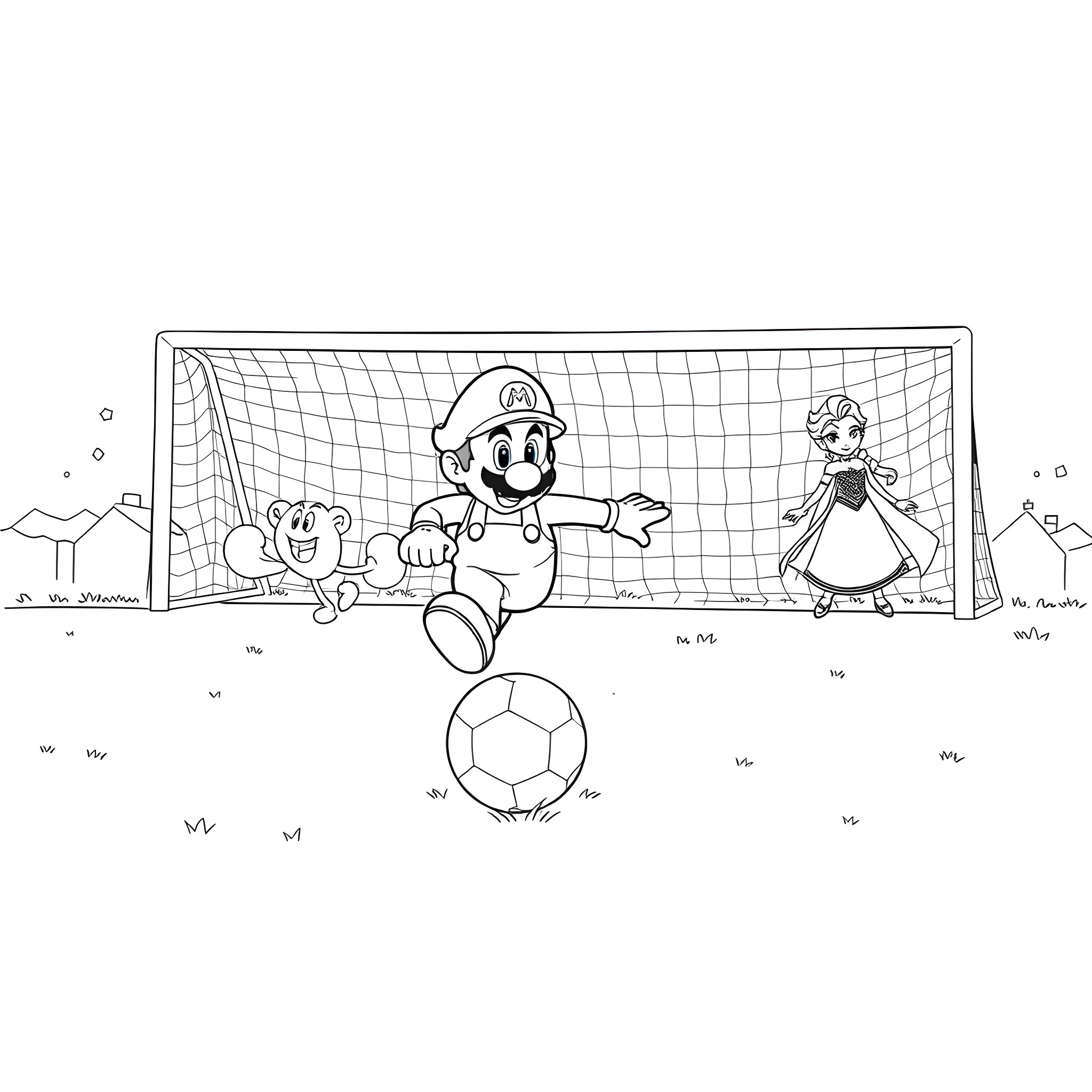 Mario and Friends Playing Soccer on the Field Coloring Page (free black-and-white line drawing printable PDF for all, from beginners to advanced learners, including children, teens, adults, and seniors)