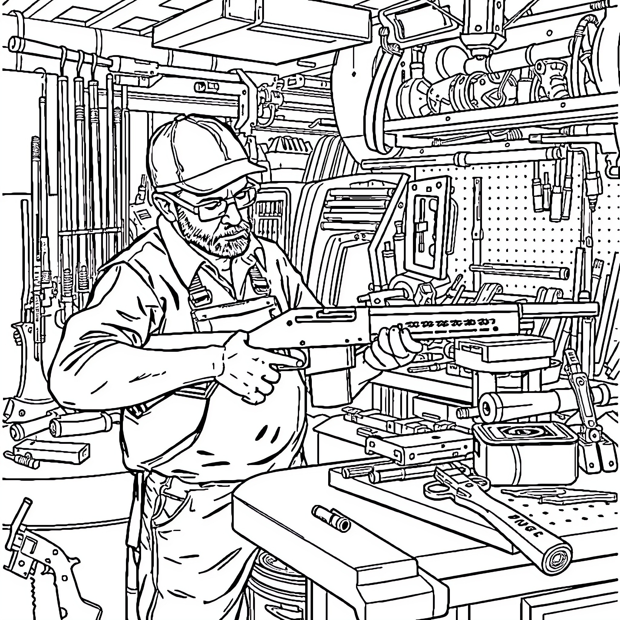 Gunsmith Working with Tools in Workshop Coloring Page (free black-and-white line drawing printable PDF for all, from beginners to advanced learners, including children, teens, adults, and seniors)