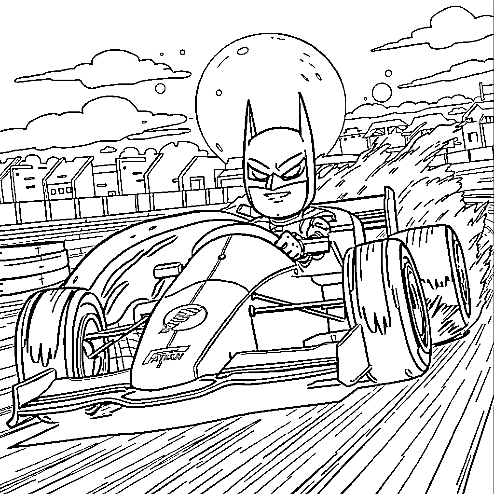 Batman racing in high-powered sports car at night Coloring Page (free black-and-white line drawing printable PDF for all, from beginners to advanced learners, including children, teens, adults, and seniors)