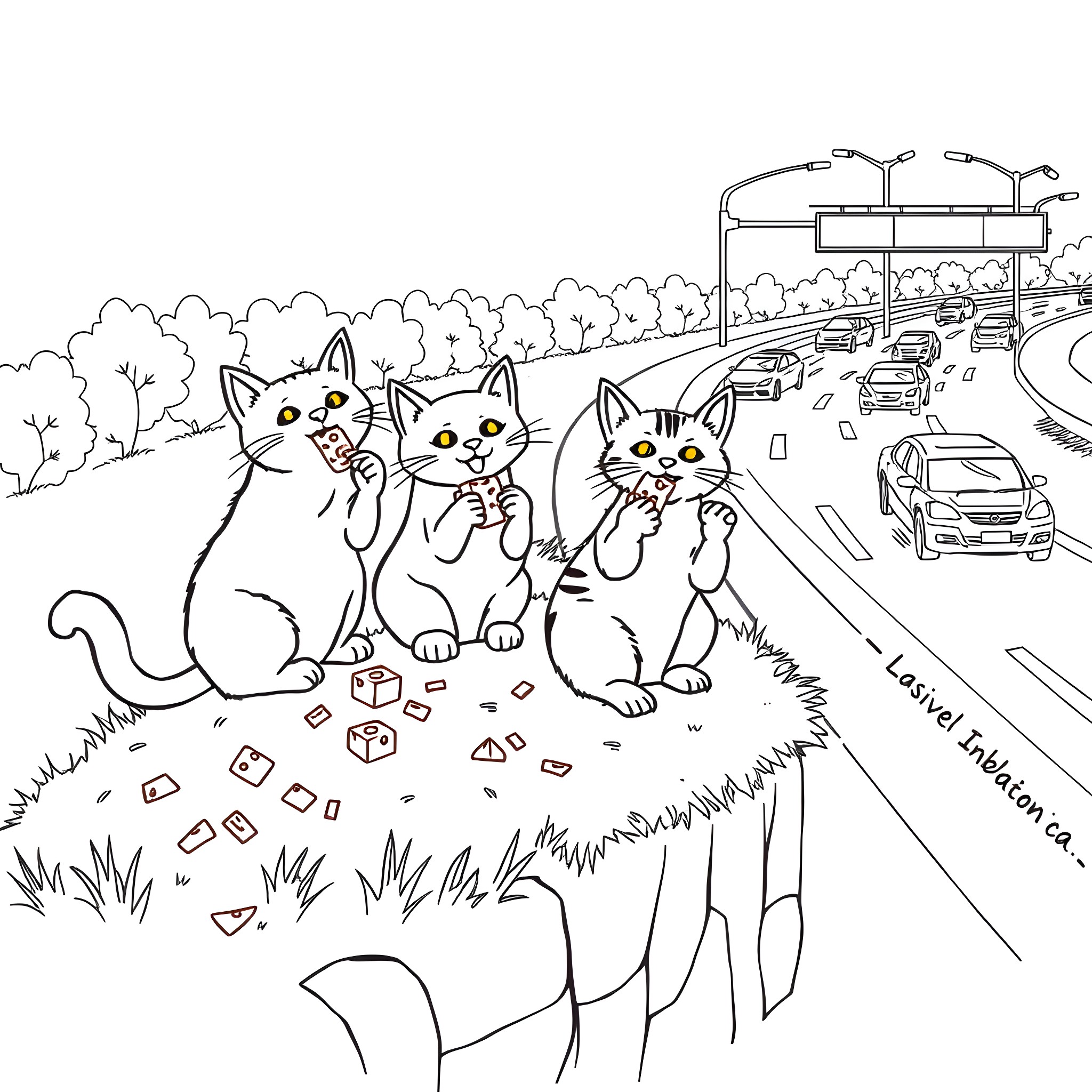 Cats playing by the roadside Coloring Page (free black-and-white line drawing printable PDF for all, from beginners to advanced learners, including children, teens, adults, and seniors)