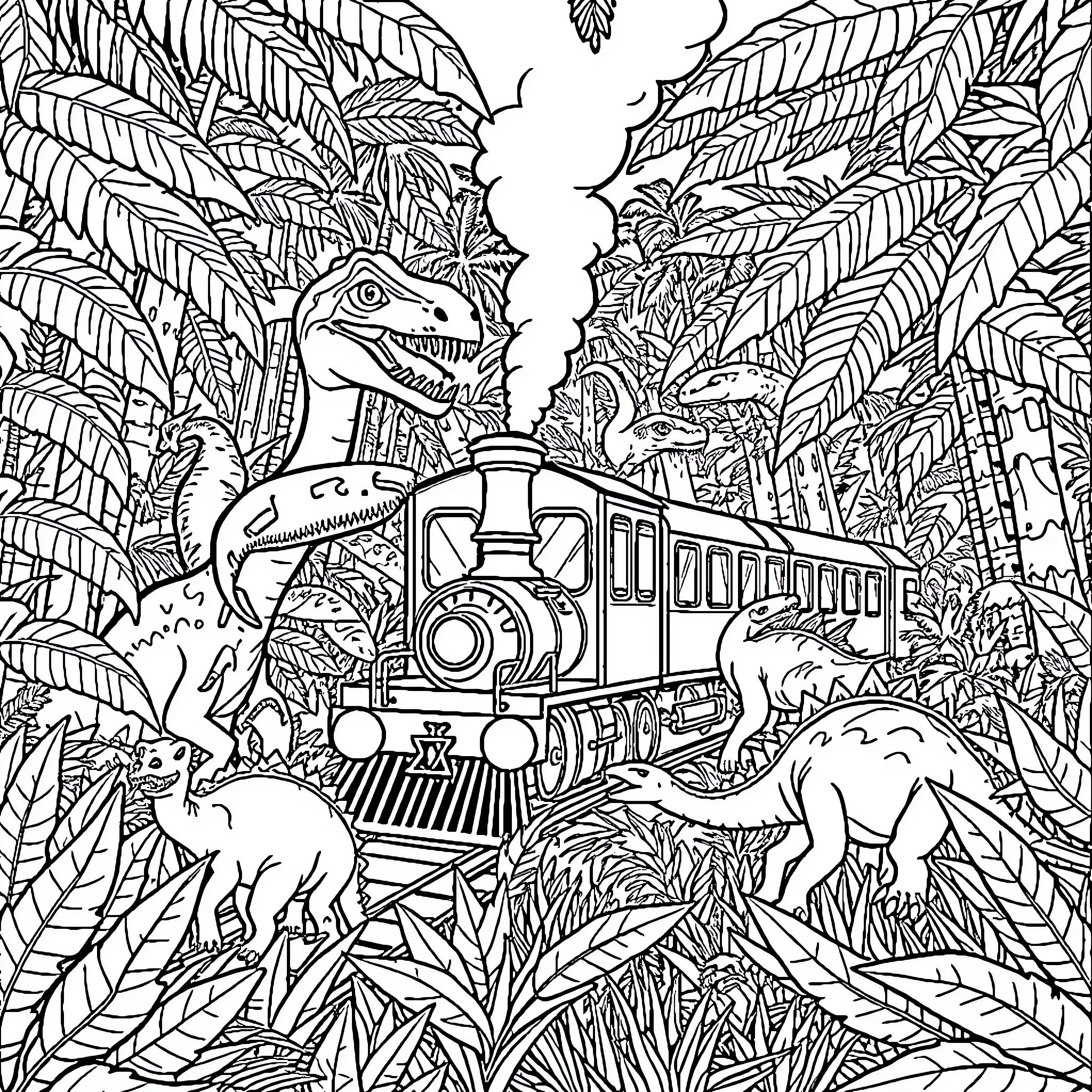 Train riding through lush tropical jungle with dinosaurs Coloring Page (free black-and-white line drawing printable PDF for all, from beginners to advanced learners, including children, teens, adults, and seniors)