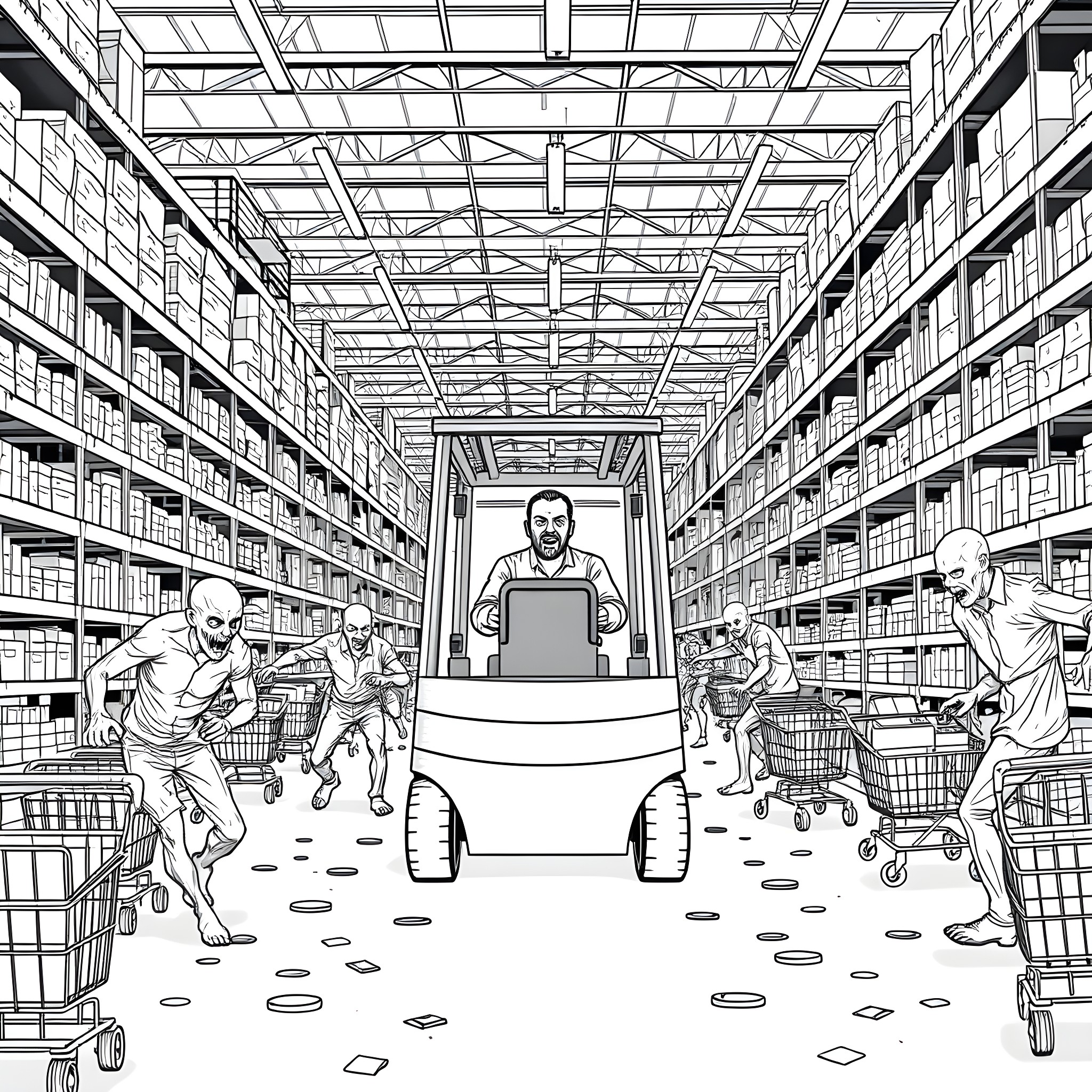 Forklift operator guiding workers in a busy warehouse Coloring Page (free black-and-white line drawing printable PDF for all, from beginners to advanced learners, including children, teens, adults, and seniors)