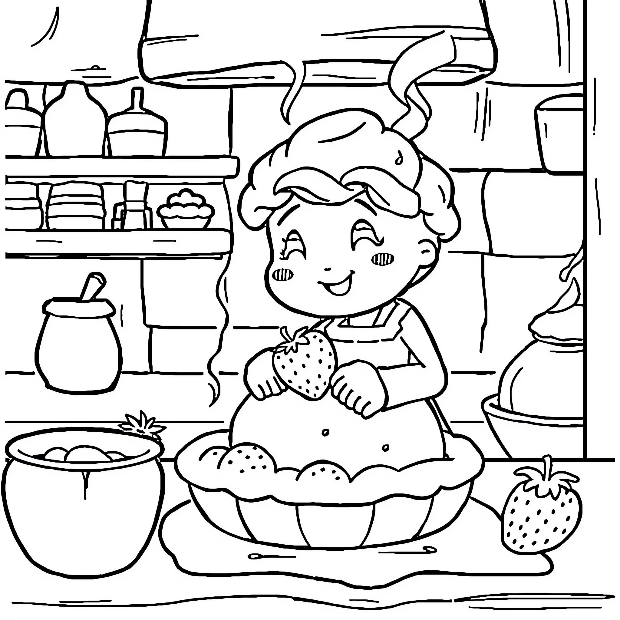 Strawberry Shortcake baking in the kitchen Coloring Page (free black-and-white line drawing printable PDF for all, from beginners to advanced learners, including children, teens, adults, and seniors)