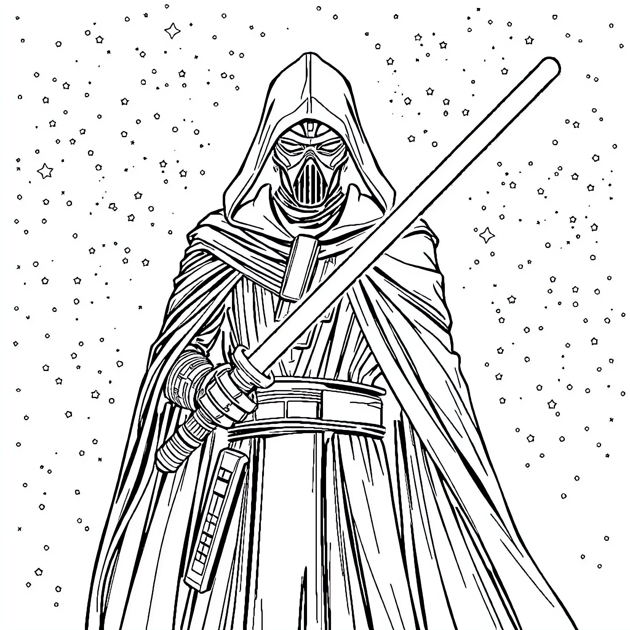 Darth Revan in the Galactic Void Coloring Page (free black-and-white line drawing printable PDF for all, from beginners to advanced learners, including children, teens, adults, and seniors)