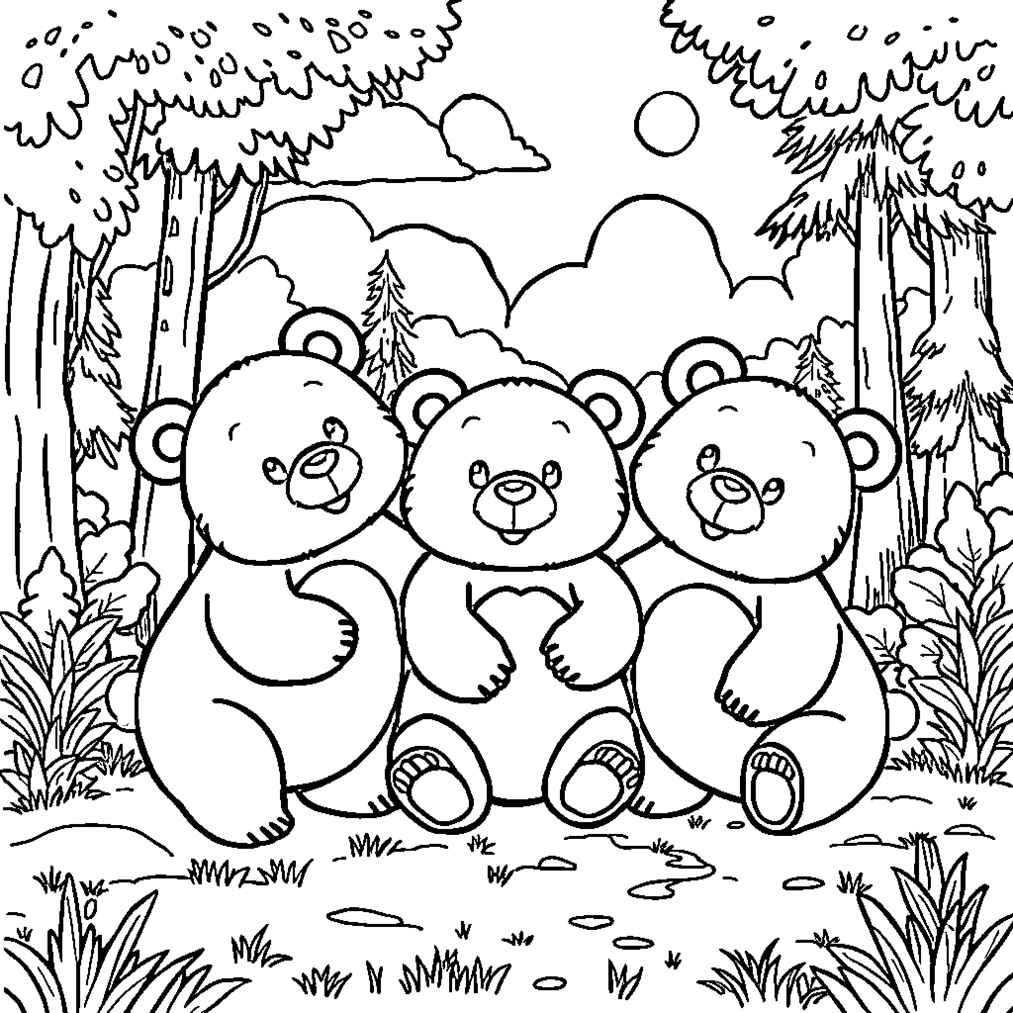 Bear family enjoying the scenic outdoors Coloring Page (free black-and-white line drawing printable PDF for all, from beginners to advanced learners, including children, teens, adults, and seniors)