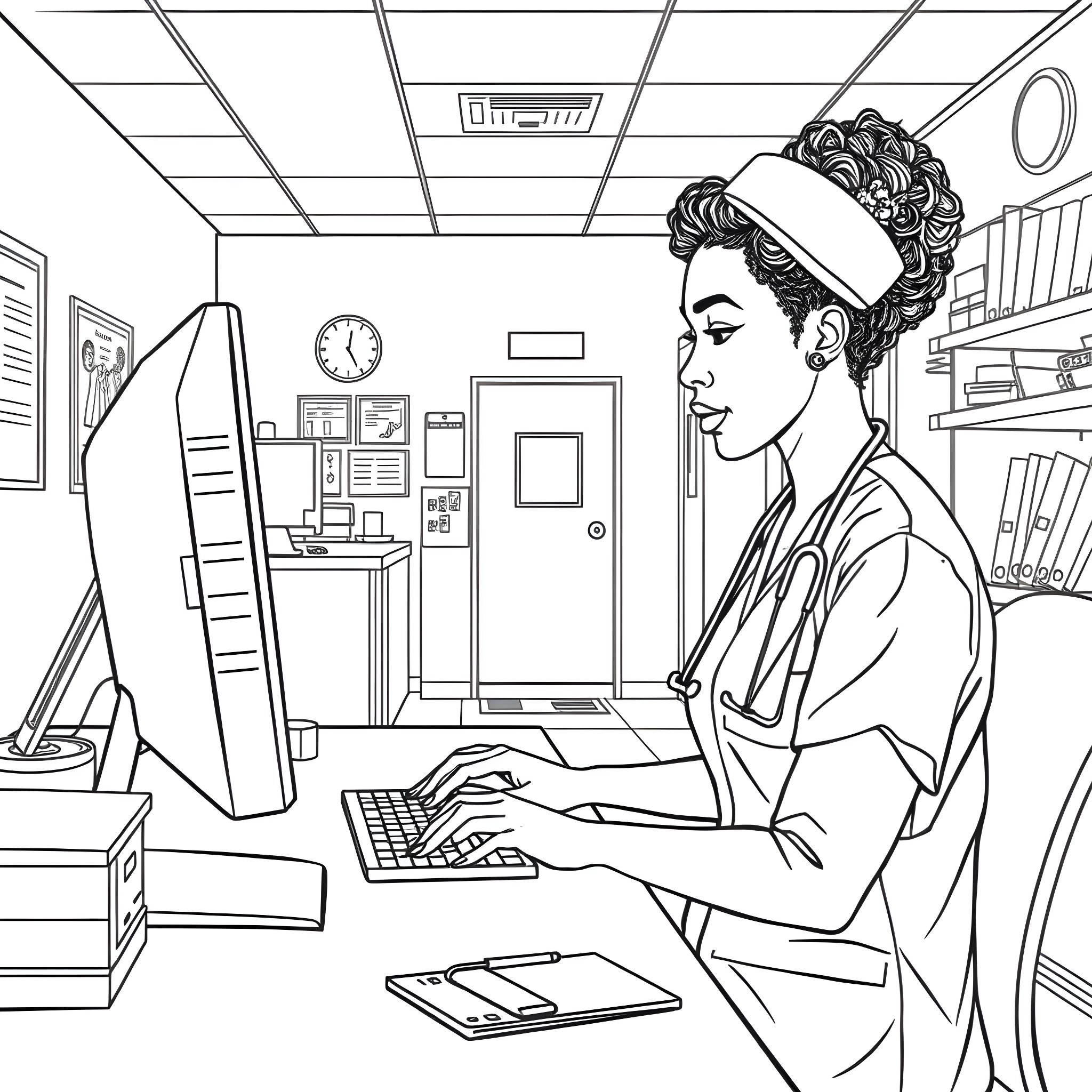 Woman working diligently at her office desk Coloring Page (free black-and-white line drawing printable PDF for all, from beginners to advanced learners, including children, teens, adults, and seniors)