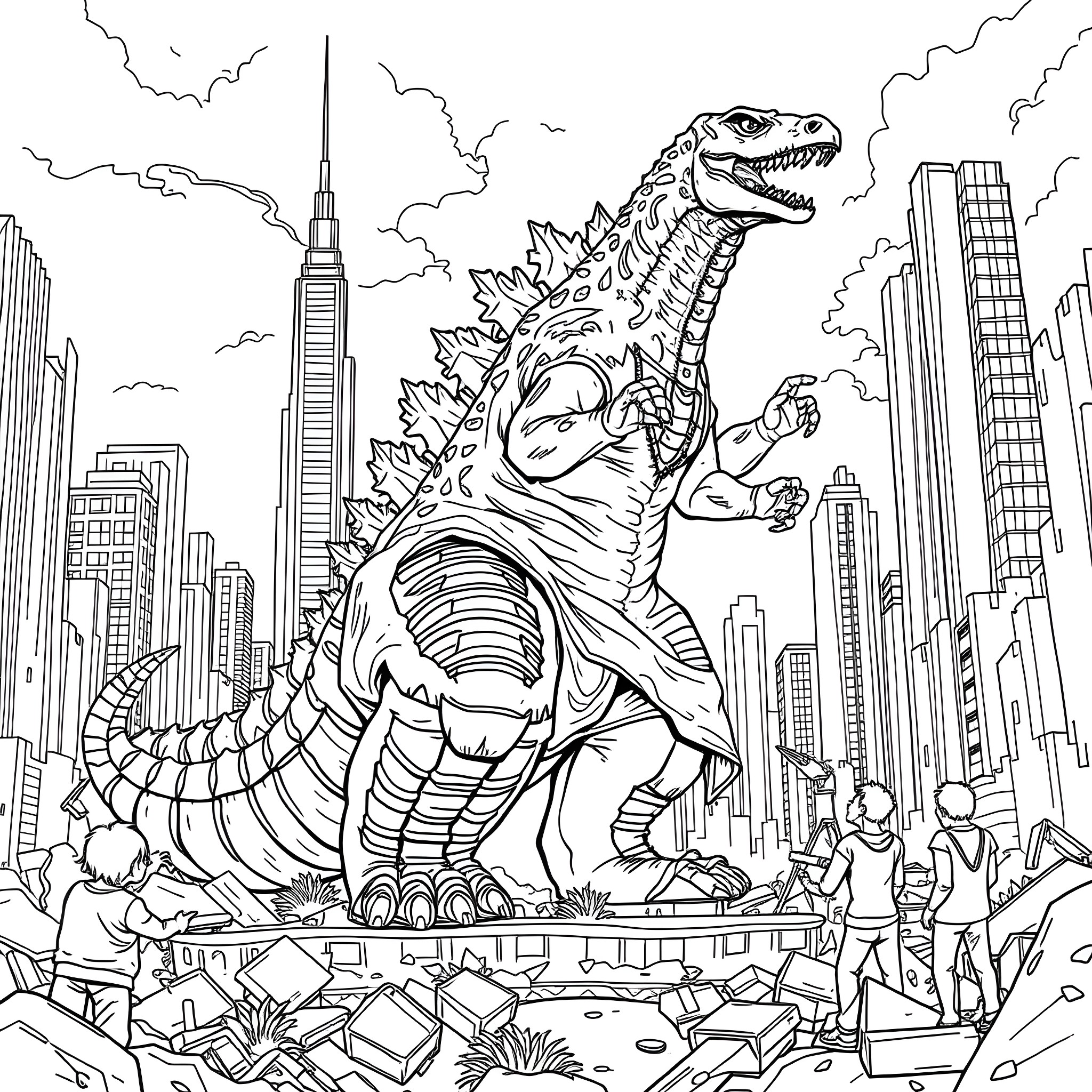 Godzilla rampaging through the city skyline Coloring Page (free black-and-white line drawing printable PDF for all, from beginners to advanced learners, including children, teens, adults, and seniors)