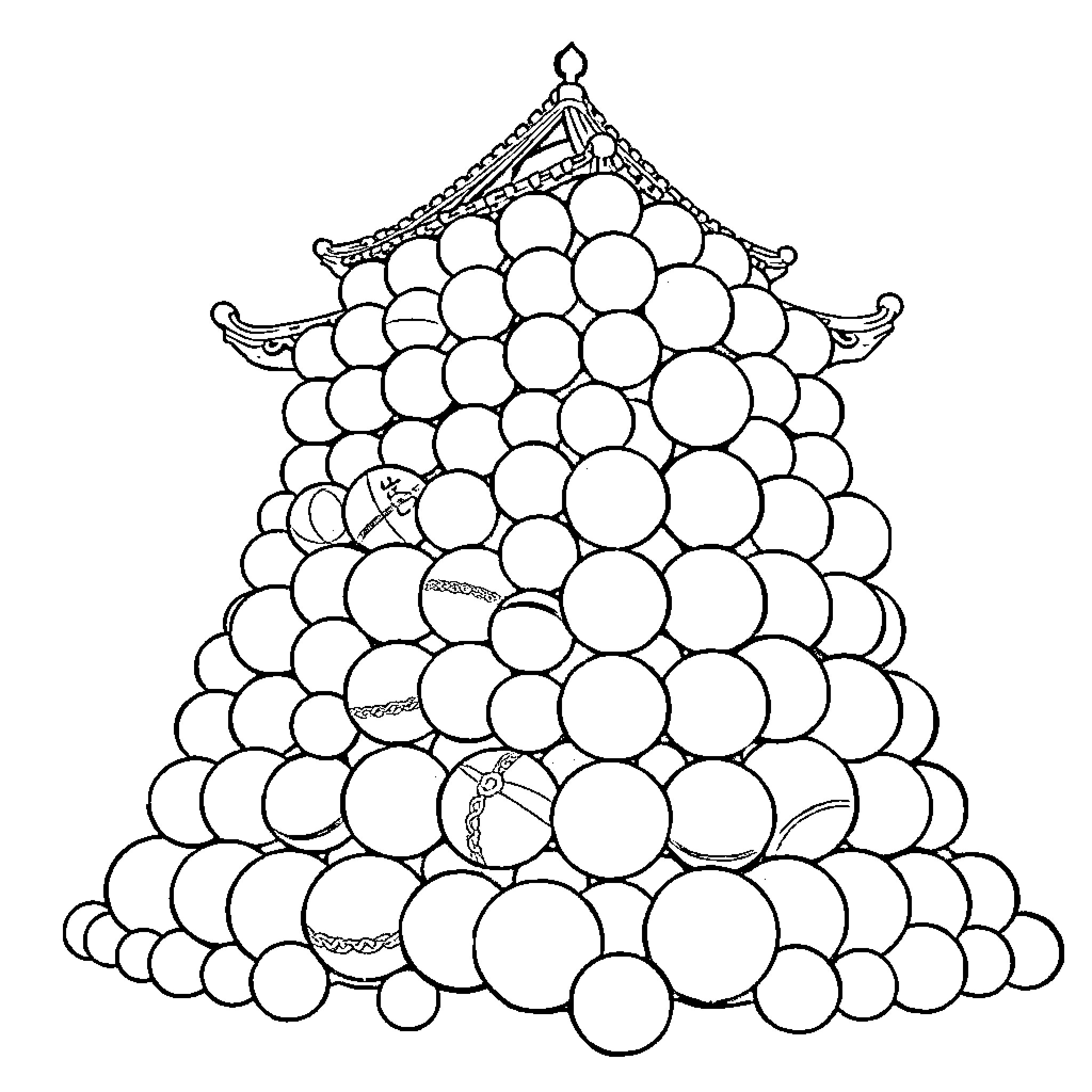 Wall of Decorative Spheres in Pagoda Structure Coloring Page (free black-and-white line drawing printable PDF for all, from beginners to advanced learners, including children, teens, adults, and seniors)