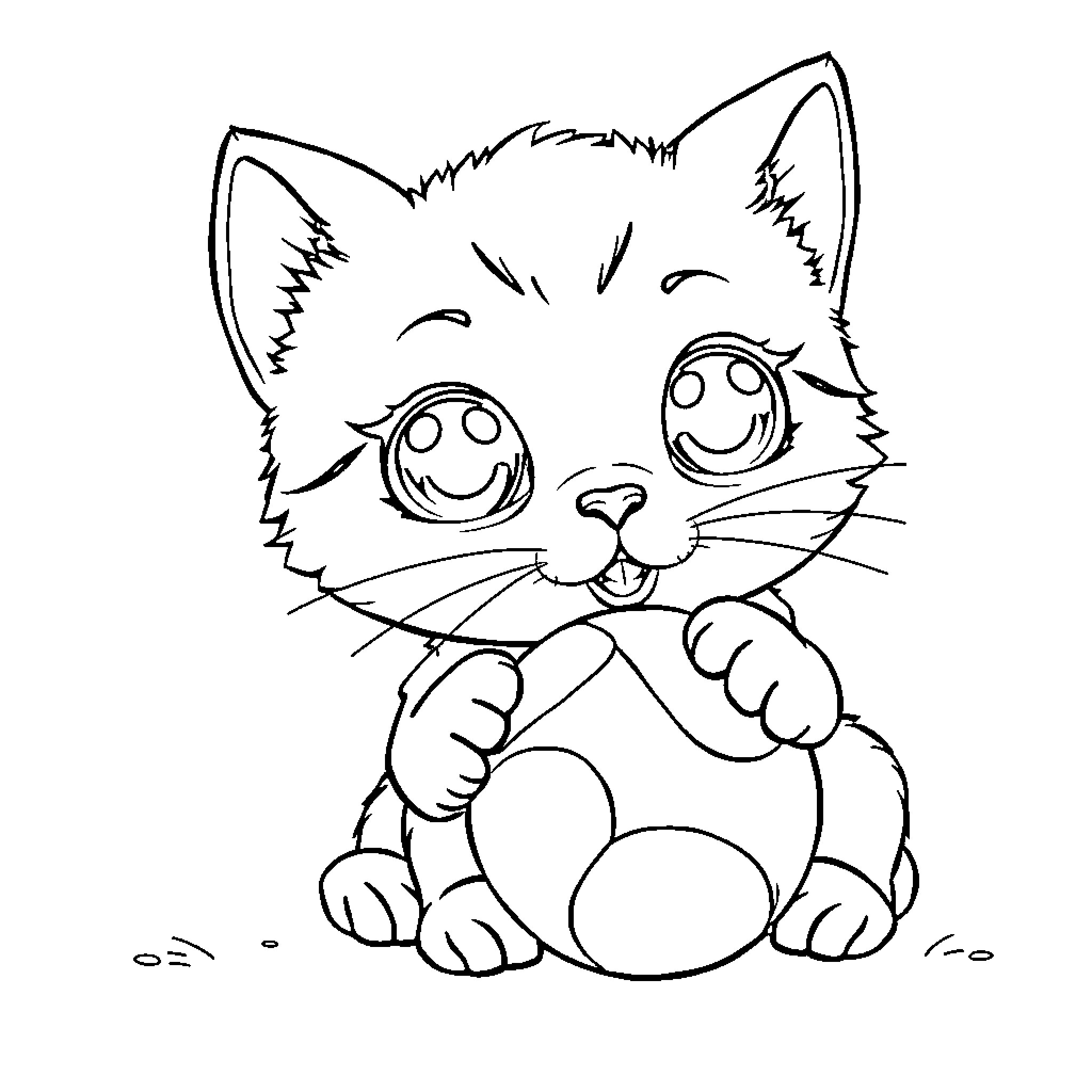 Cat with cheerful expression sitting on the ground Coloring Page (free black-and-white line drawing printable PDF for all, from beginners to advanced learners, including children, teens, adults, and seniors)