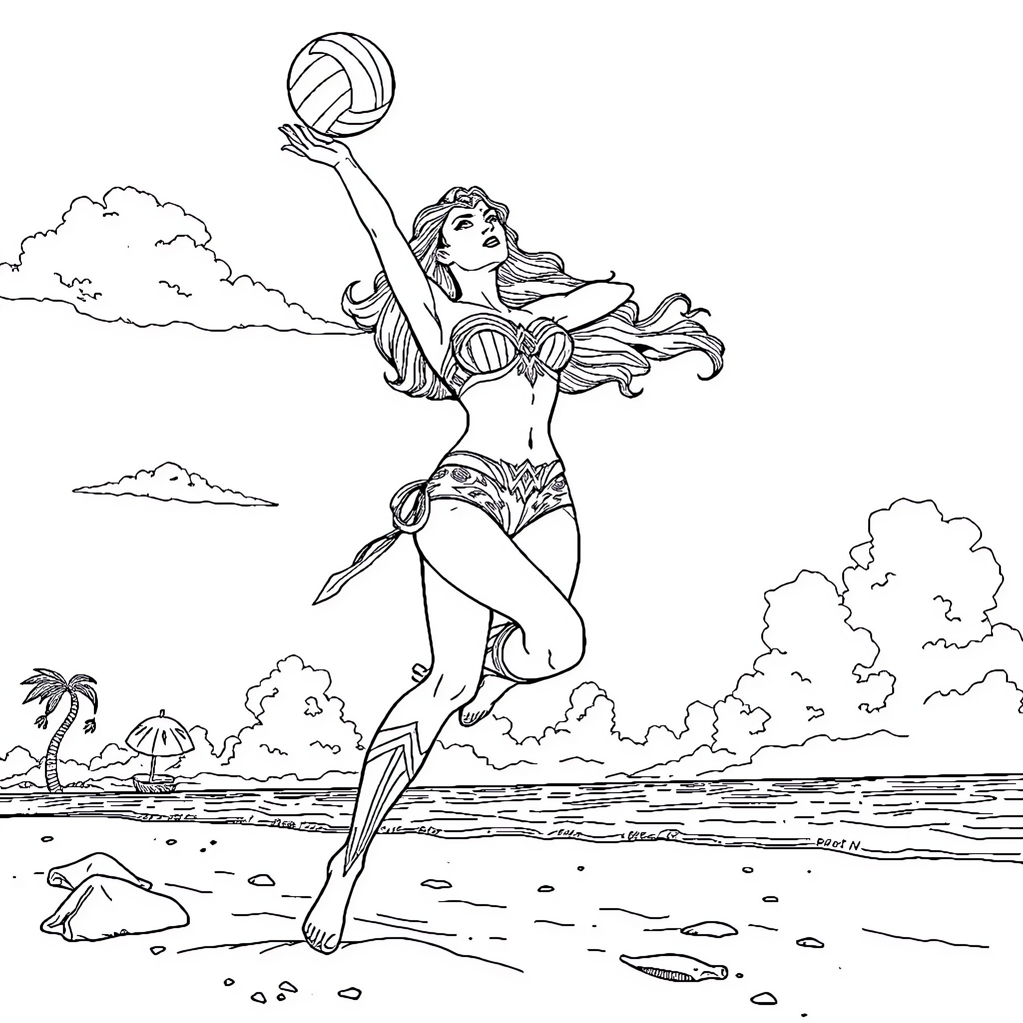 Wonder Woman Playing Volleyball on the Beach Coloring Page (free black-and-white line drawing printable PDF for all, from beginners to advanced learners, including children, teens, adults, and seniors)