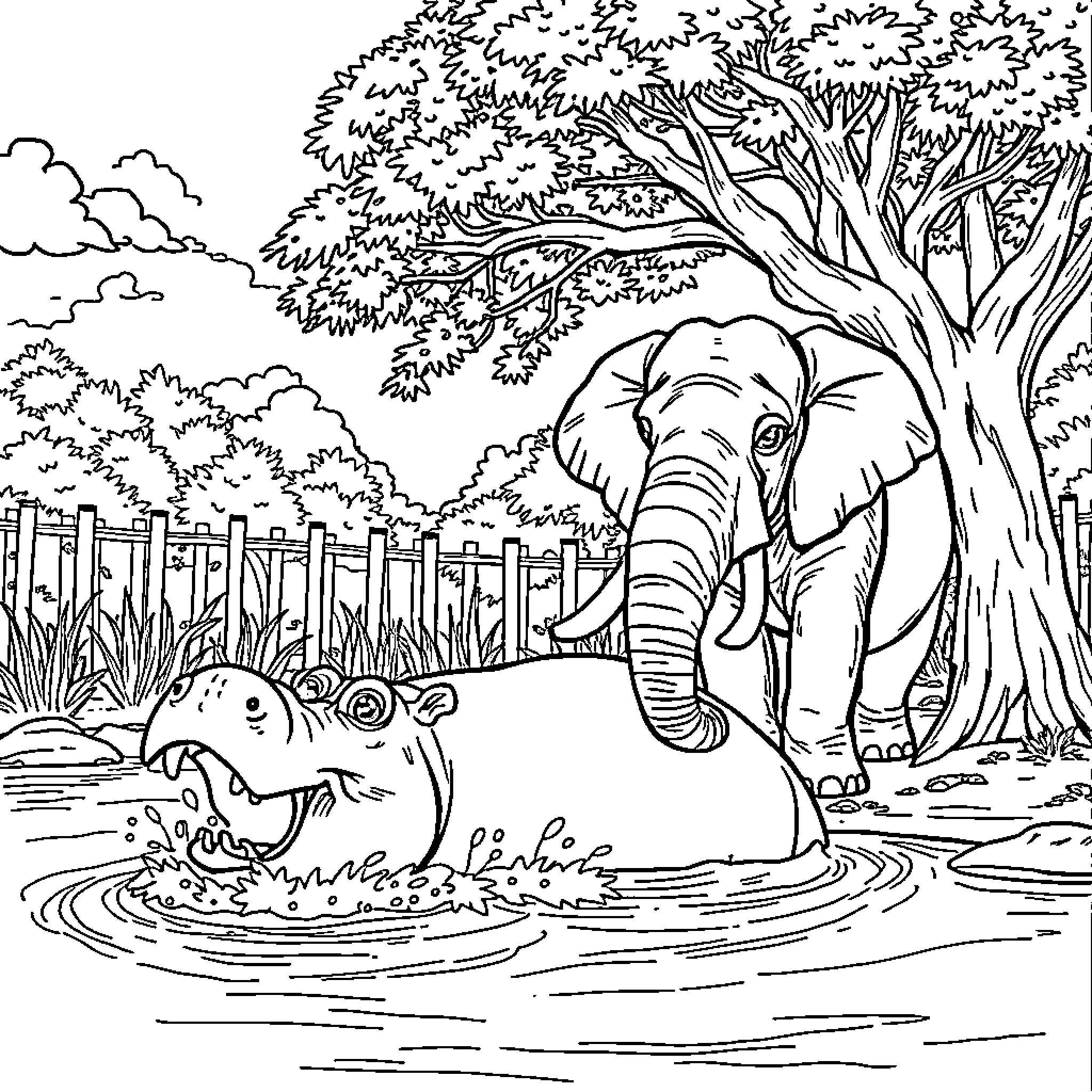 Hippo and Elephant in the Wilderness Coloring Page (free black-and-white line drawing printable PDF for all, from beginners to advanced learners, including children, teens, adults, and seniors)