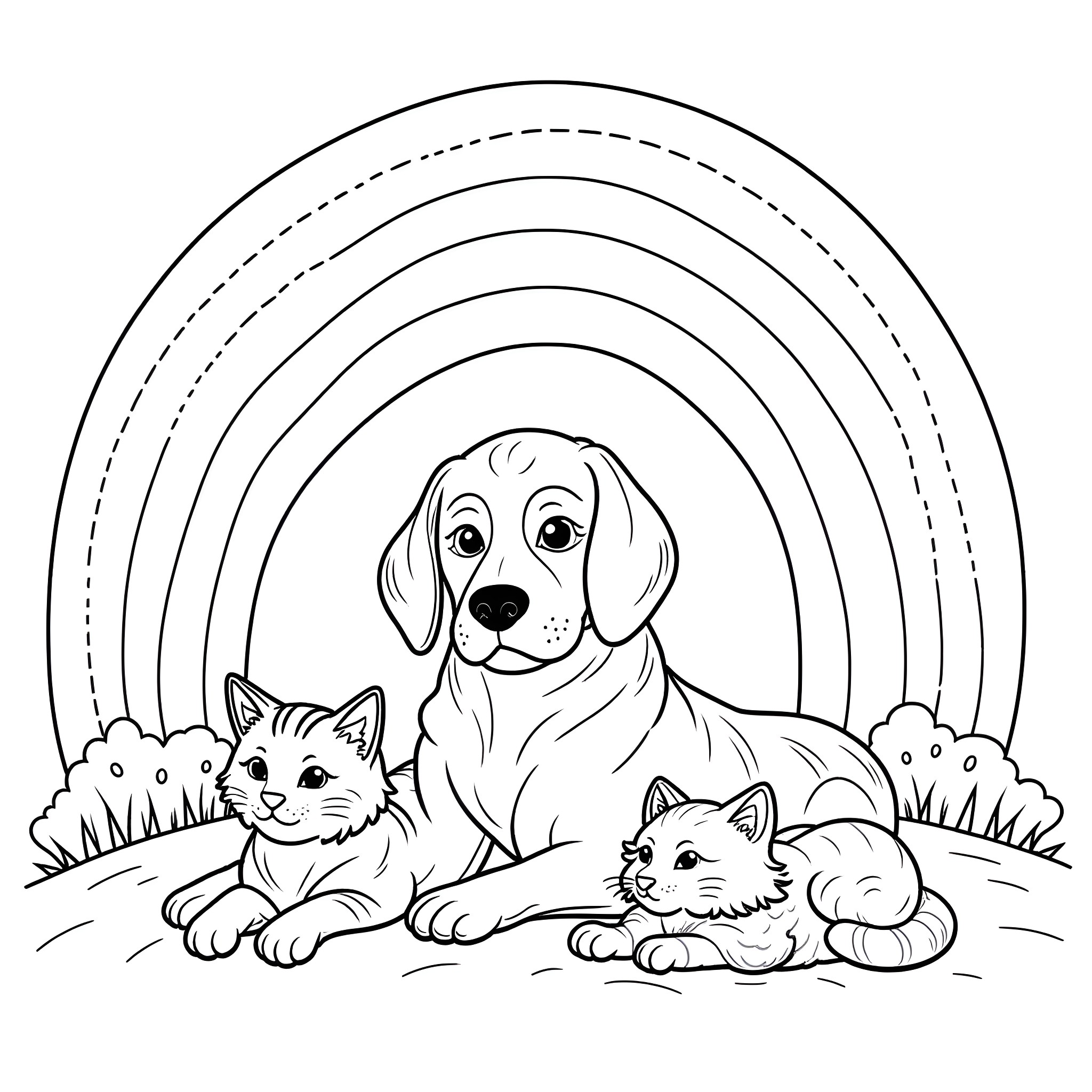 Dog and cats playing together in nature Coloring Page (free black-and-white line drawing printable PDF for all, from beginners to advanced learners, including children, teens, adults, and seniors)