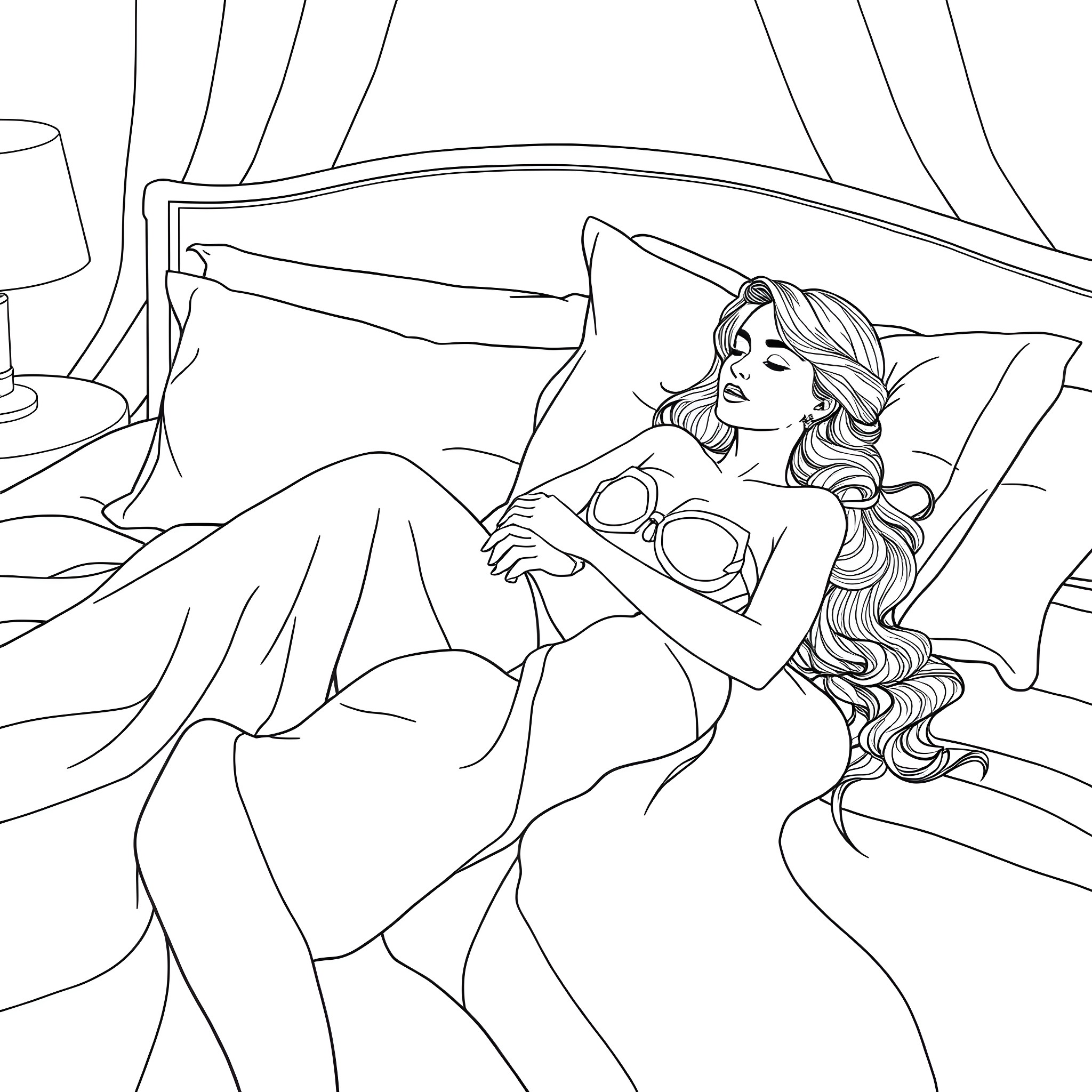 Woman relaxing on a couch in a bedroom Coloring Page (free black-and-white line drawing printable PDF for all, from beginners to advanced learners, including children, teens, adults, and seniors)