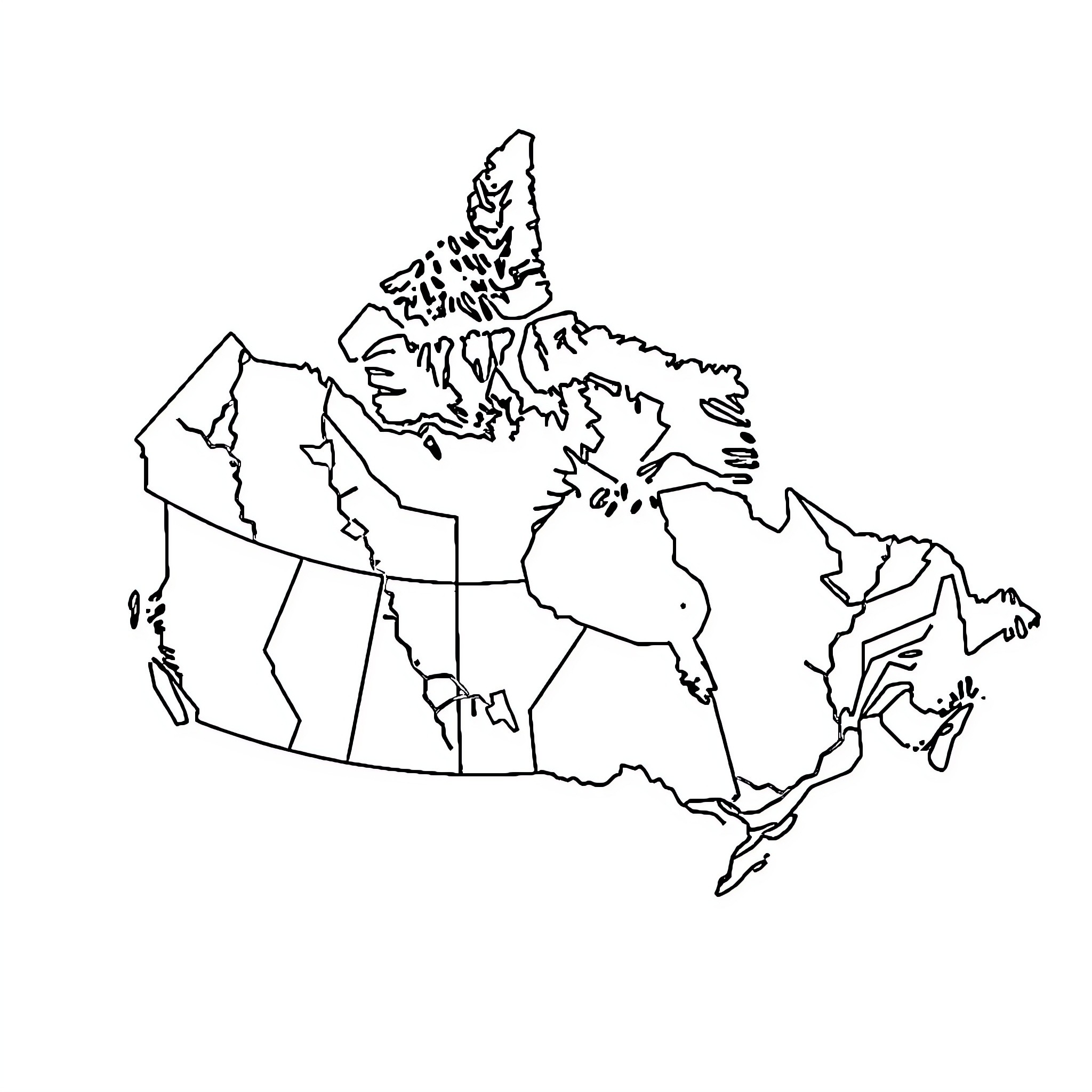 Map of the Outline of Canada Coloring Page (free black-and-white line drawing printable PDF for all, from beginners to advanced learners, including children, teens, adults, and seniors)