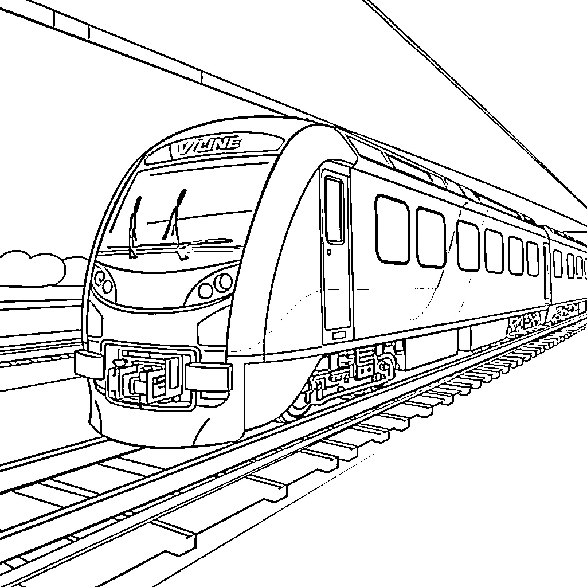 Train speeding through the landscape Coloring Page (free black-and-white line drawing printable PDF for all, from beginners to advanced learners, including children, teens, adults, and seniors)