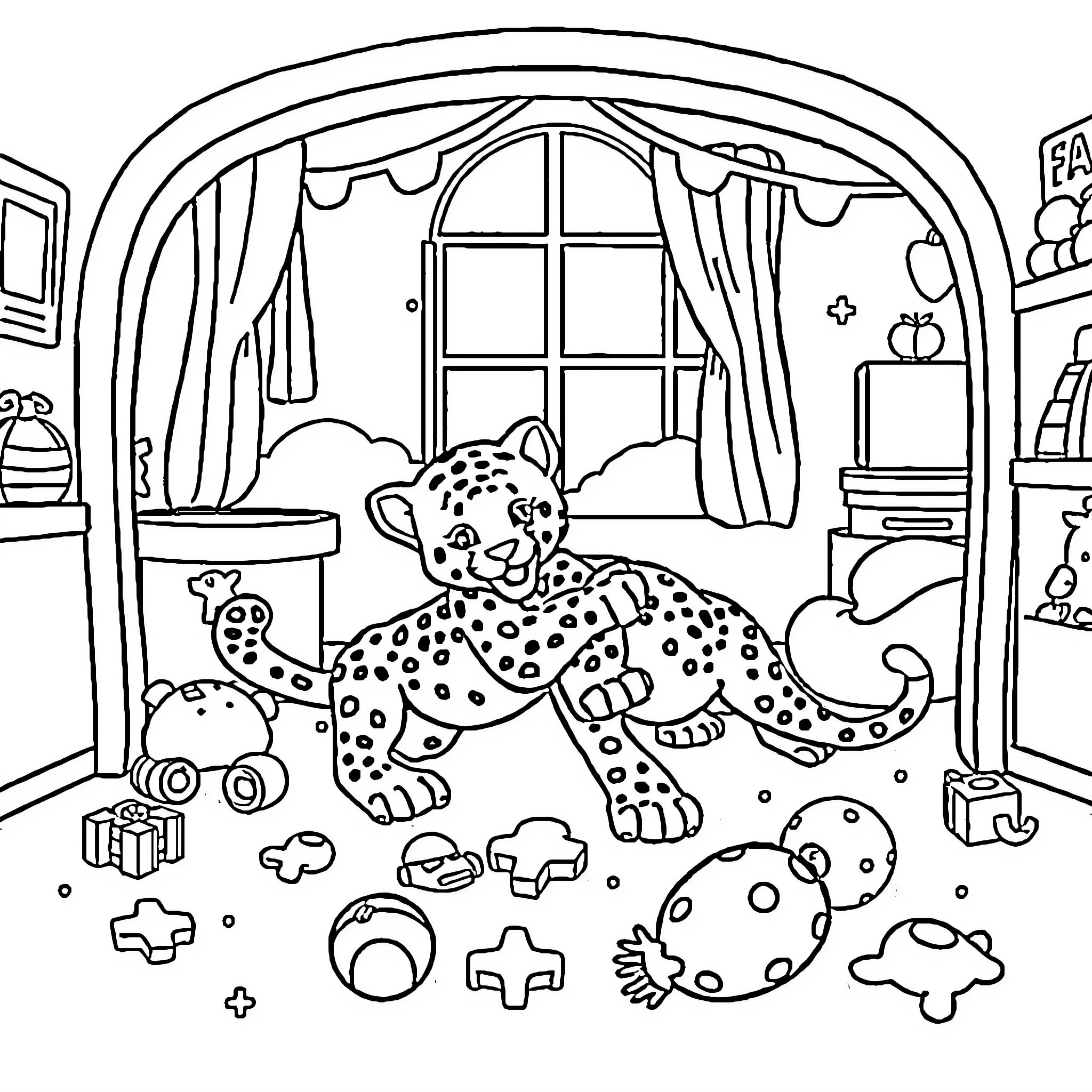 Panther exploring a cozy indoor scene Coloring Page (free black-and-white line drawing printable PDF for all, from beginners to advanced learners, including children, teens, adults, and seniors)