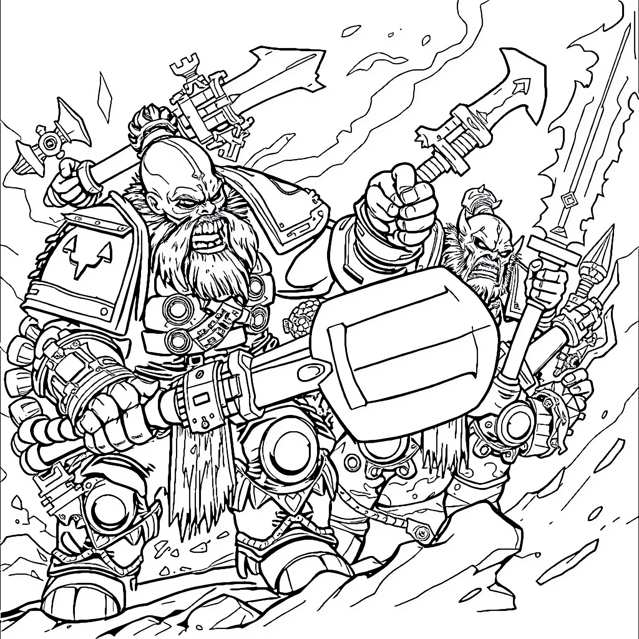 Orc Warrior Wielding Powerful Weapons in Battle Coloring Page (free black-and-white line drawing printable PDF for all, from beginners to advanced learners, including children, teens, adults, and seniors)