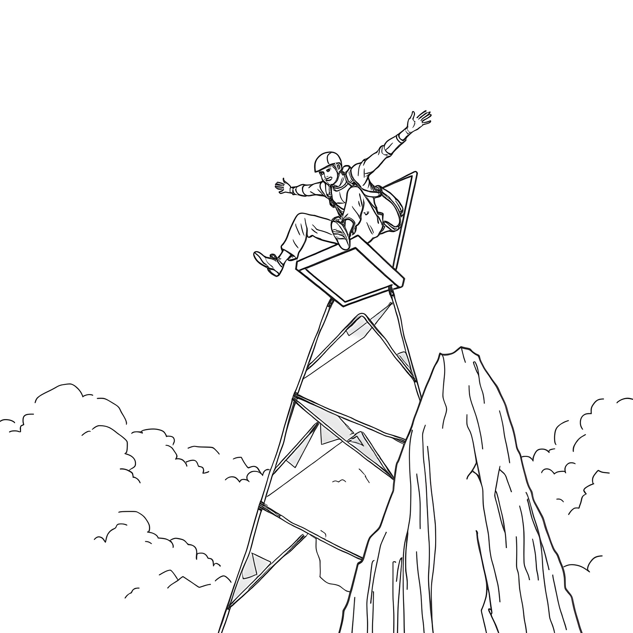 Base Jumper leaping off a cliff with outstretched arms Coloring Page (free black-and-white line drawing printable PDF for all, from beginners to advanced learners, including children, teens, adults, and seniors)
