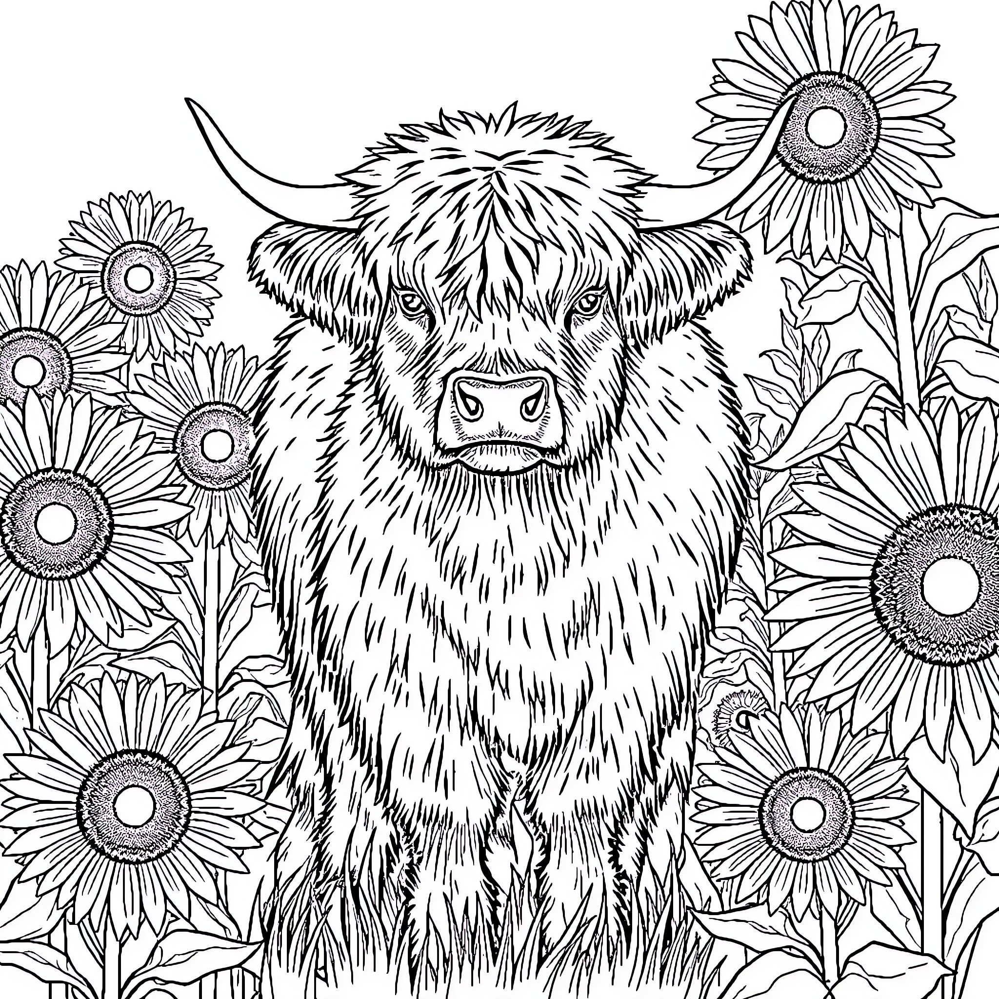 Highland Cow surrounded by Blooming Sunflowers Coloring Page (free black-and-white line drawing printable PDF for all, from beginners to advanced learners, including children, teens, adults, and seniors)