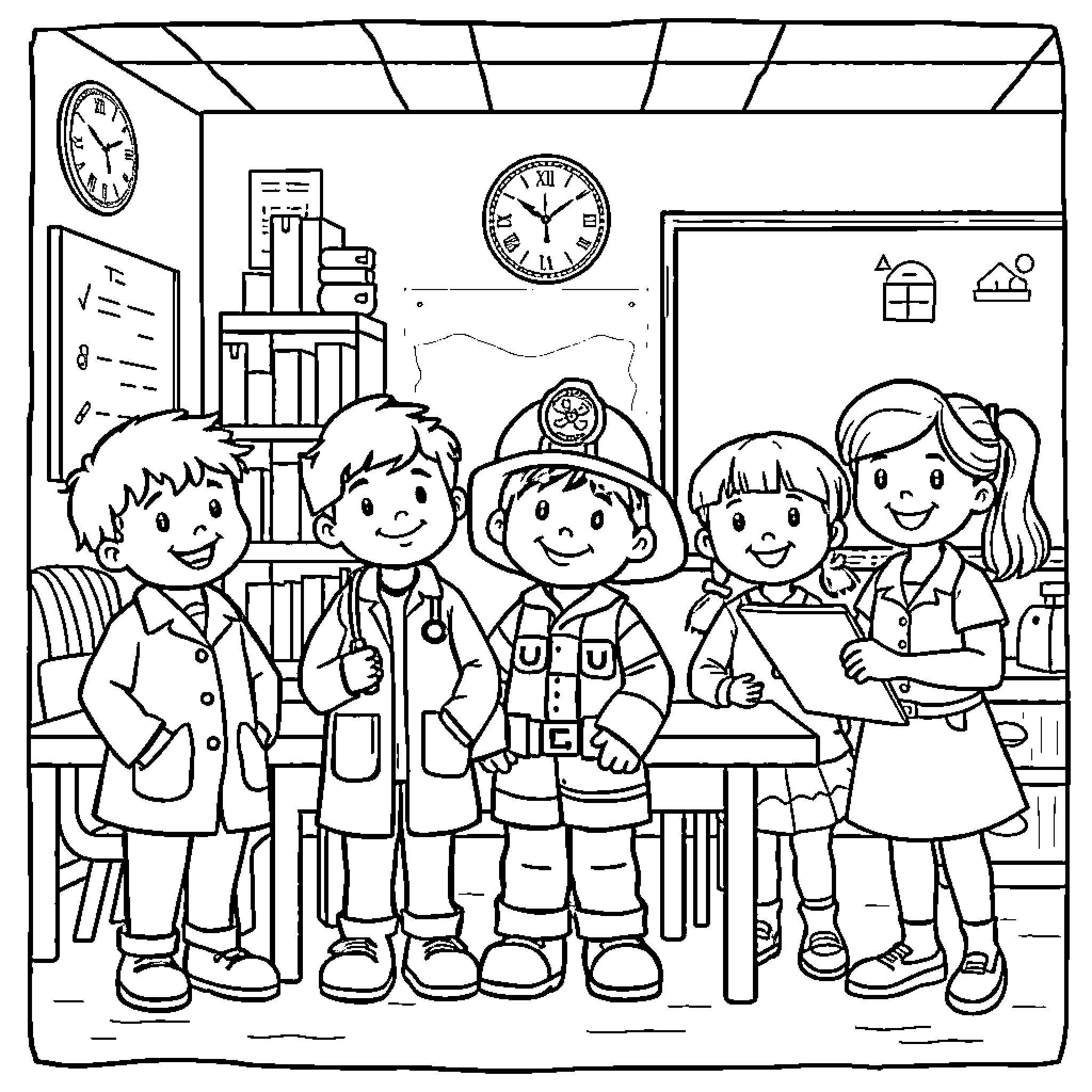 Occupation: Children at a police station Coloring Page (free black-and-white line drawing printable PDF for all, from beginners to advanced learners, including children, teens, adults, and seniors)