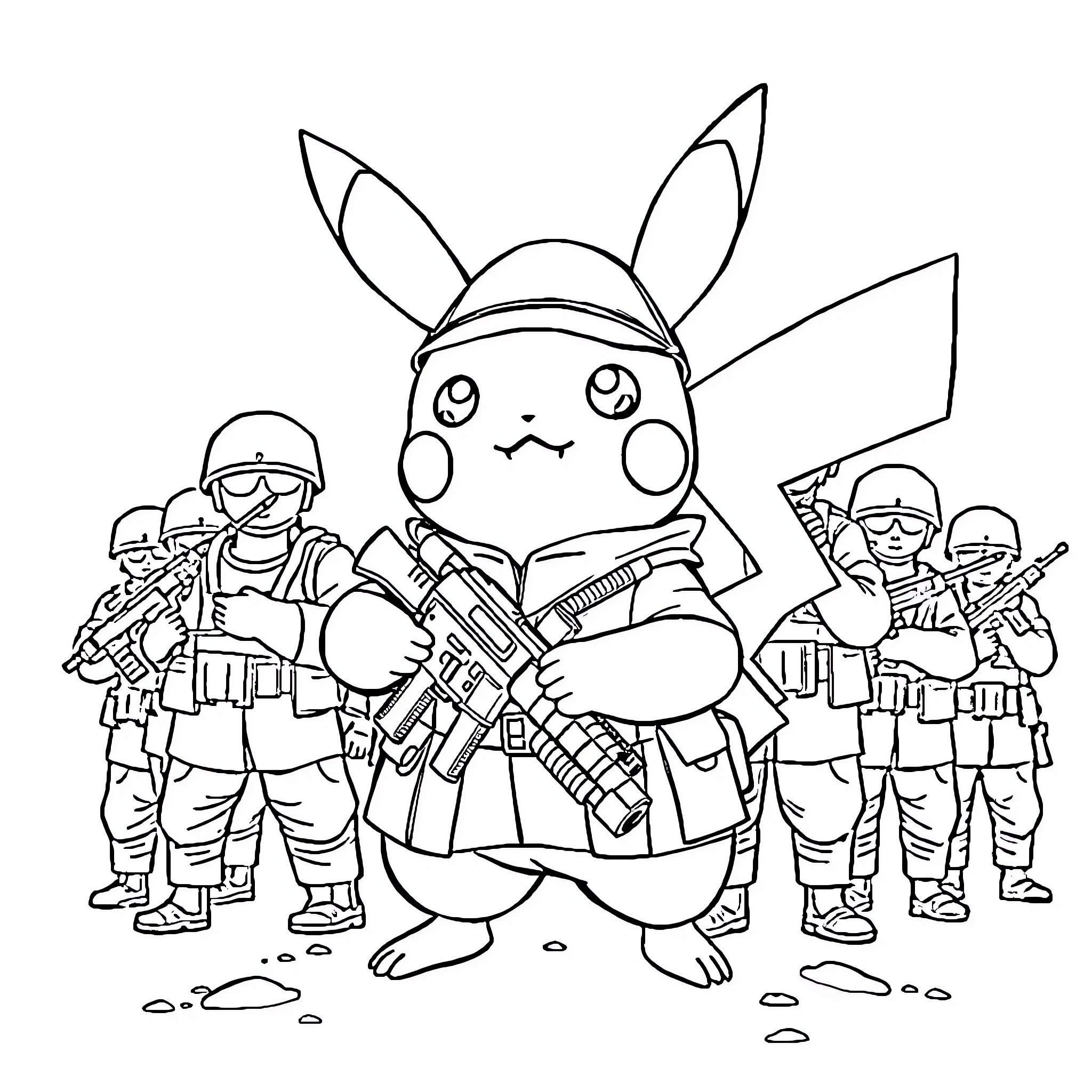 Pikachu leading a team of soldiers Coloring Page (free black-and-white line drawing printable PDF for all, from beginners to advanced learners, including children, teens, adults, and seniors)