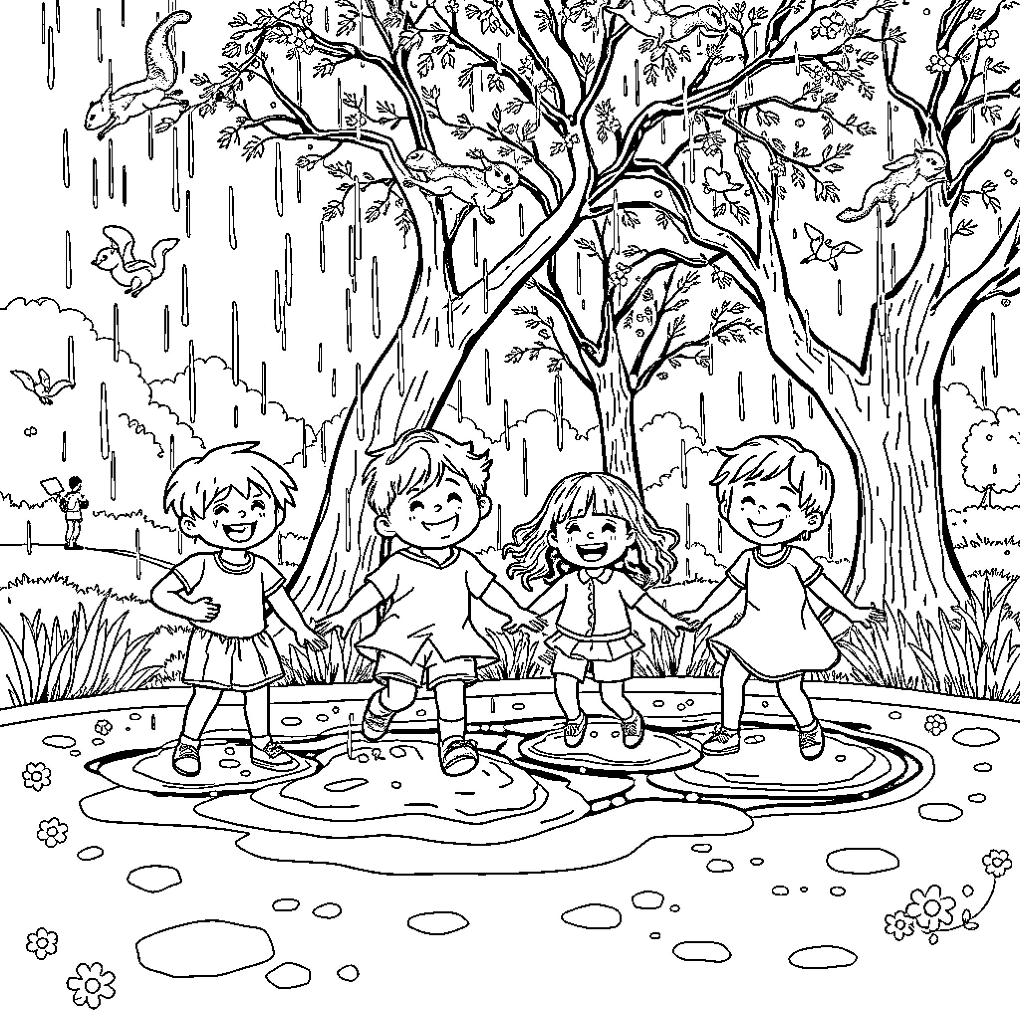 Child Exploring the Enchanting Forest Landscape Coloring Page (free black-and-white line drawing printable PDF for all, from beginners to advanced learners, including children, teens, adults, and seniors)