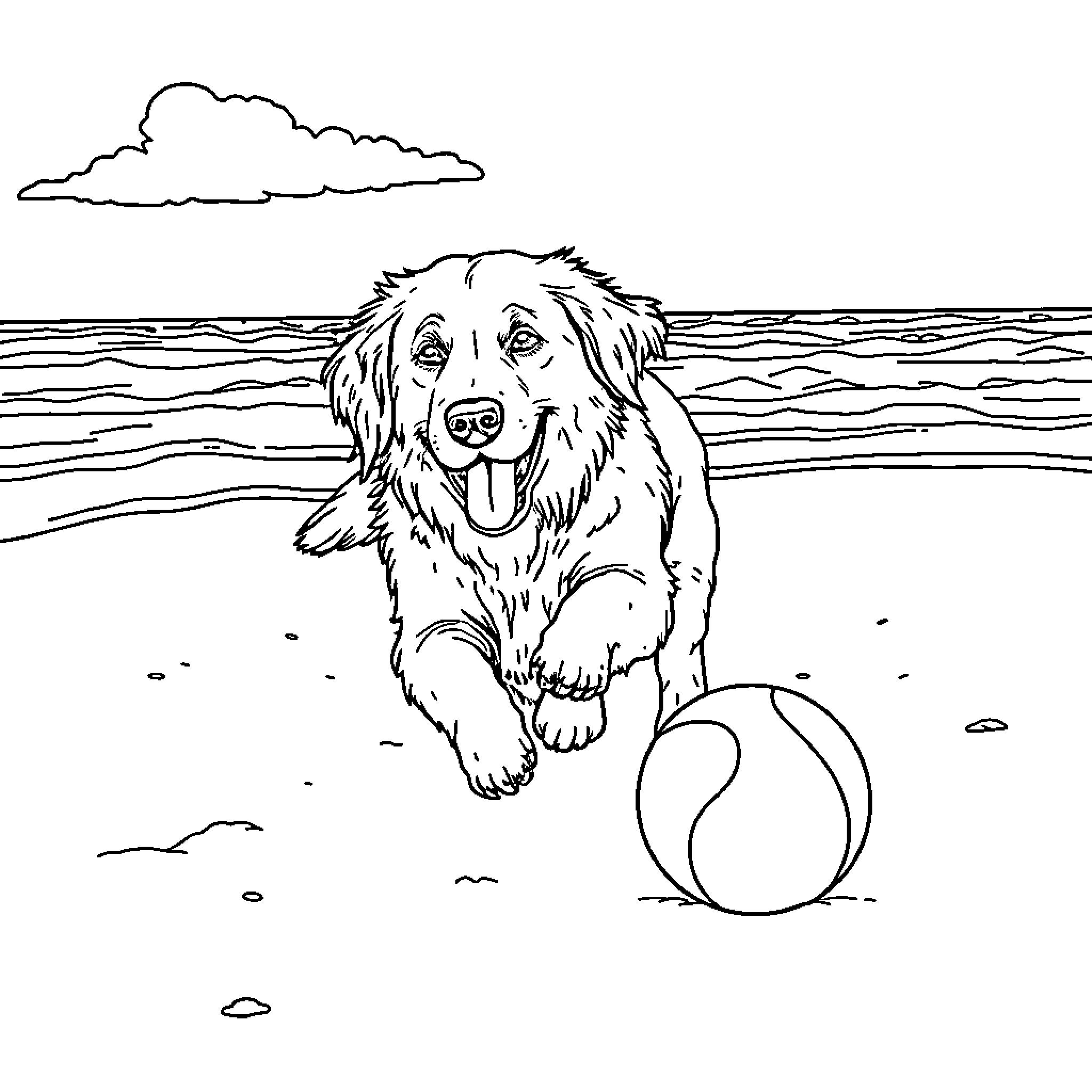 Golden Retriever playing happily with beach ball Coloring Page (free black-and-white line drawing printable PDF for all, from beginners to advanced learners, including children, teens, adults, and seniors)