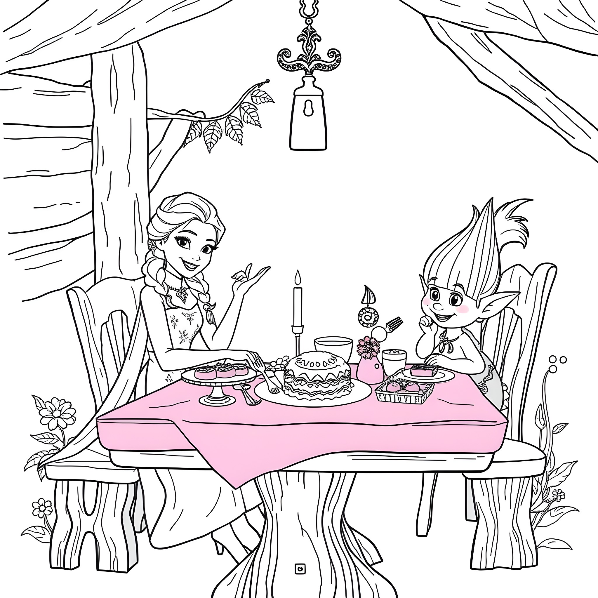 Elsa's Tea Party with Troll Friend Coloring Page (free black-and-white line drawing printable PDF for all, from beginners to advanced learners, including children, teens, adults, and seniors)