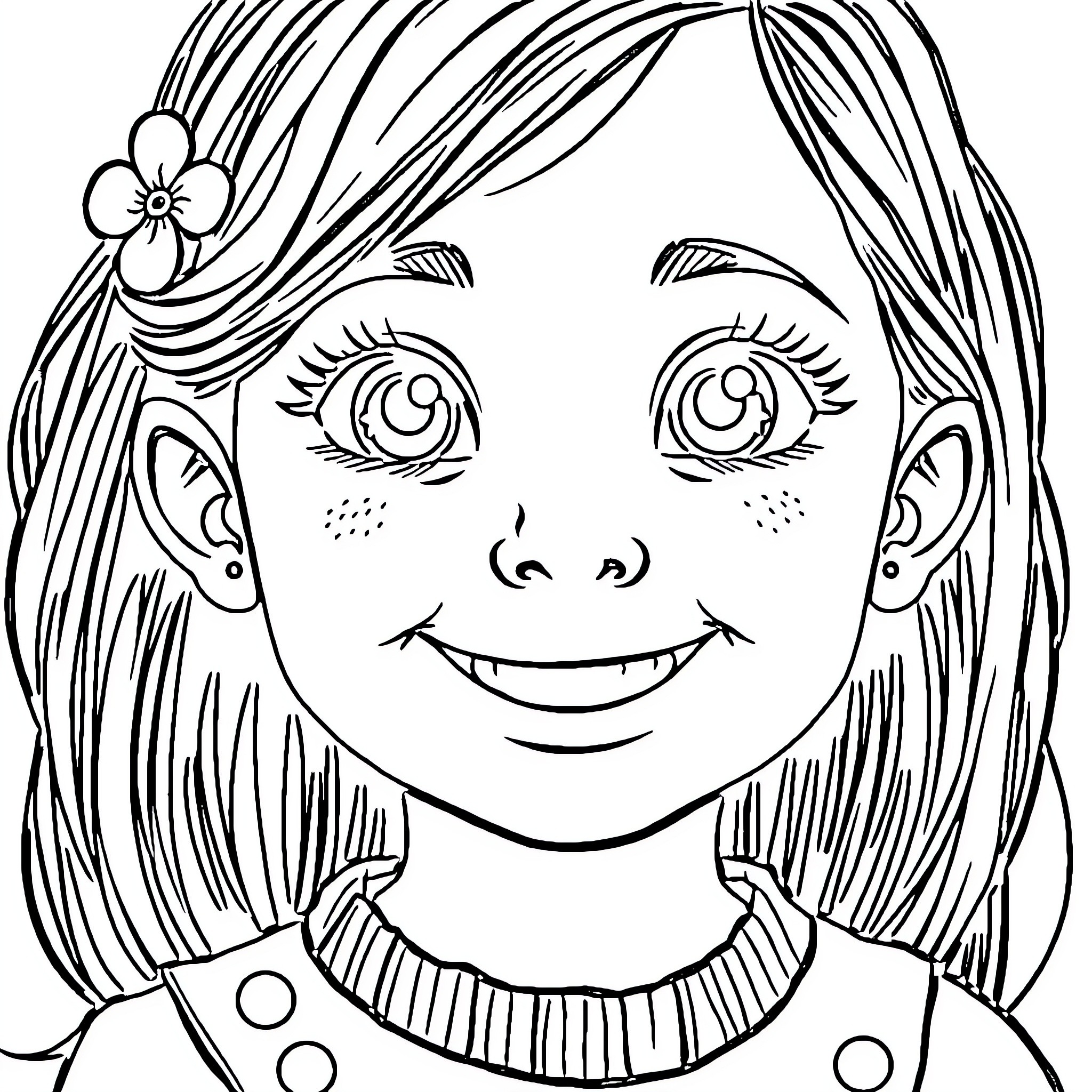 Mari's Joyful Smile and Flower Adornment Coloring Page (free black-and-white line drawing printable PDF for all, from beginners to advanced learners, including children, teens, adults, and seniors)