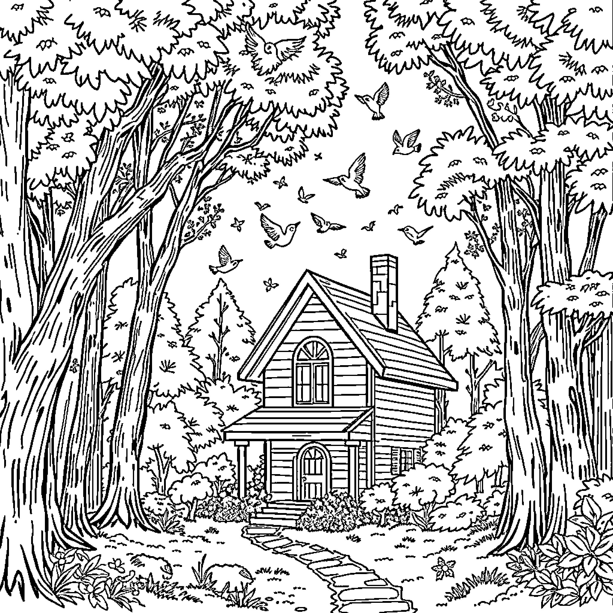 House in the Enchanted Forest with Butterflies Coloring Page (free black-and-white line drawing printable PDF for all, from beginners to advanced learners, including children, teens, adults, and seniors)