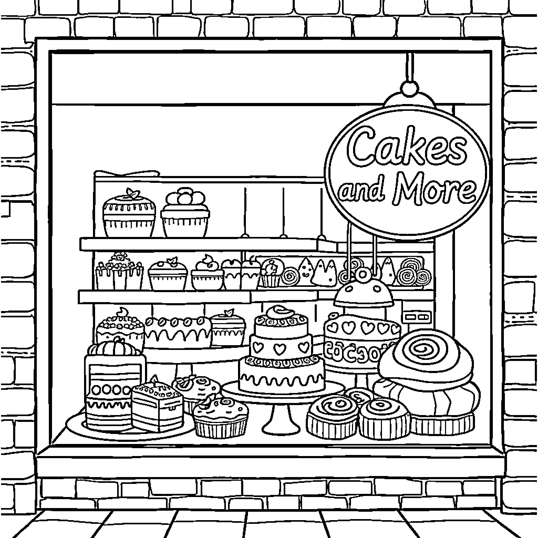 Bakery Display of Cakes and Sweets Coloring Page (free black-and-white line drawing printable PDF for all, from beginners to advanced learners, including children, teens, adults, and seniors)