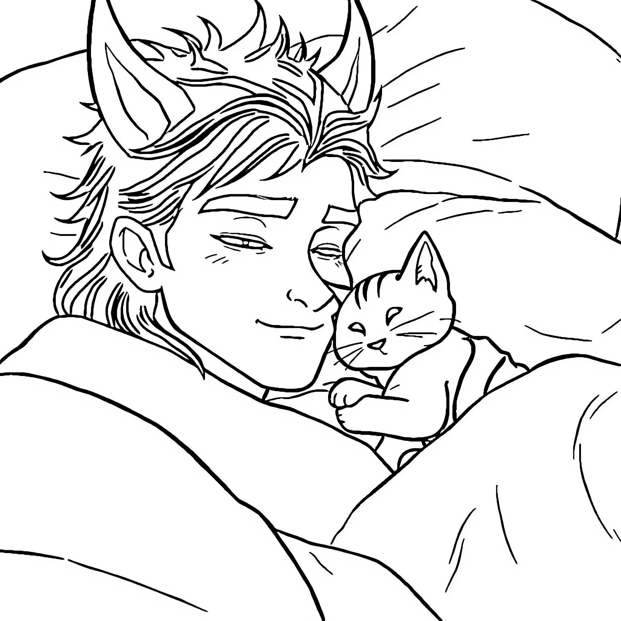 Loki napping peacefully with a feline companion Coloring Page (free black-and-white line drawing printable PDF for all, from beginners to advanced learners, including children, teens, adults, and seniors)